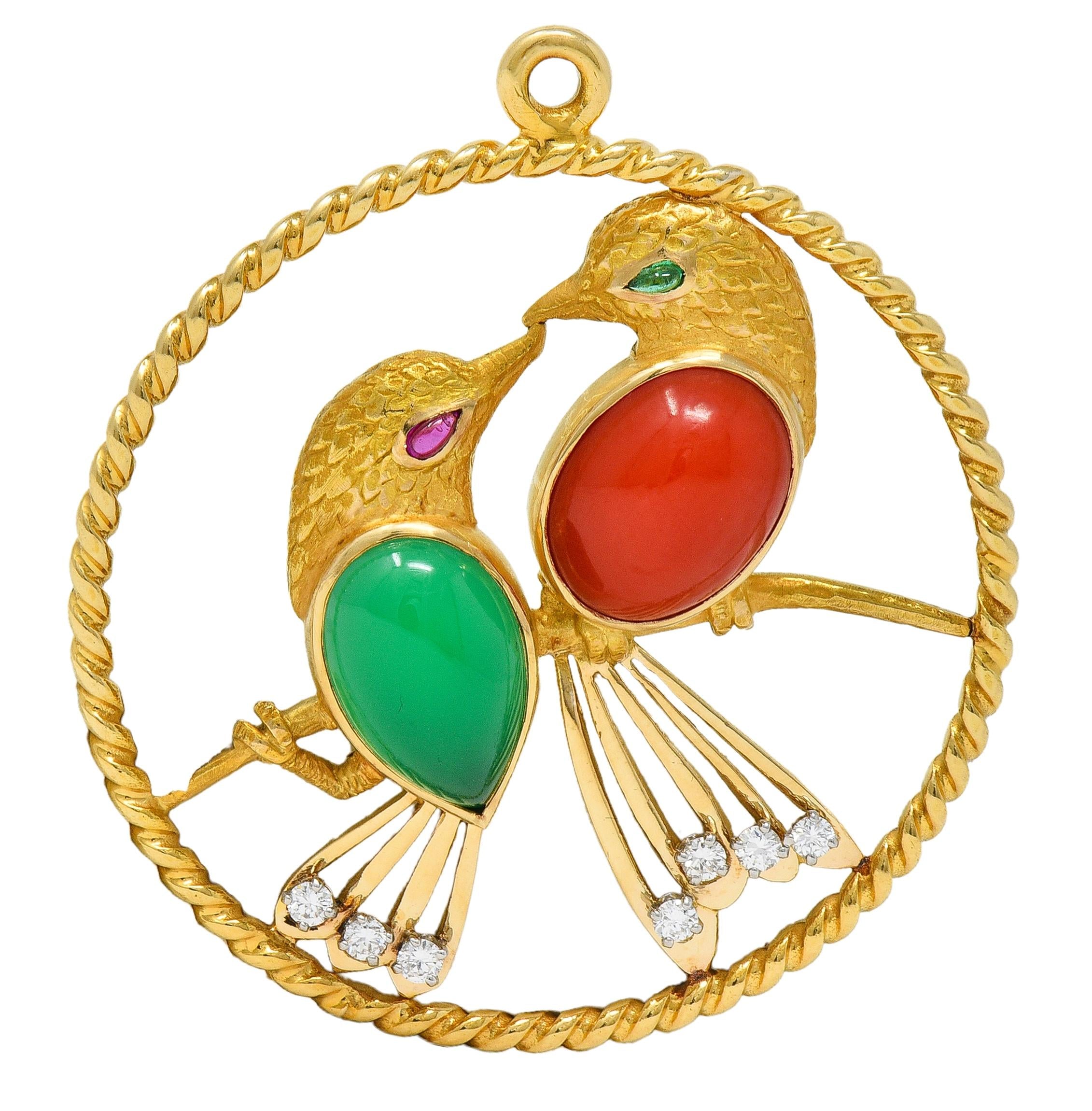 Cartier 1950's Multi-Gem Diamond Platinum 14K Gold Vintage Lovebirds Pendant