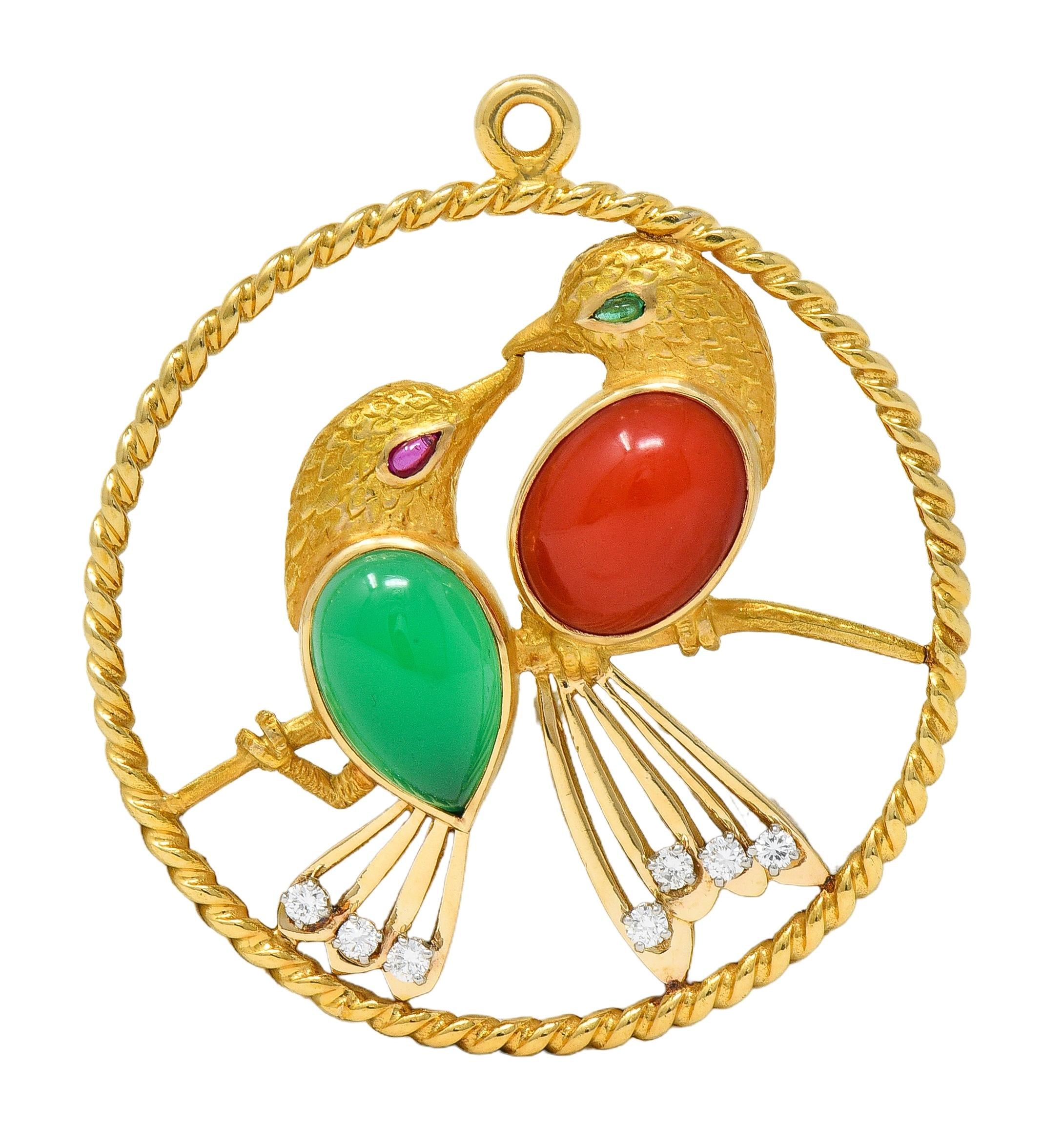 Cartier 1950's Multi-Gem Diamond Platinum 14K Gold Vintage Lovebirds Pendant