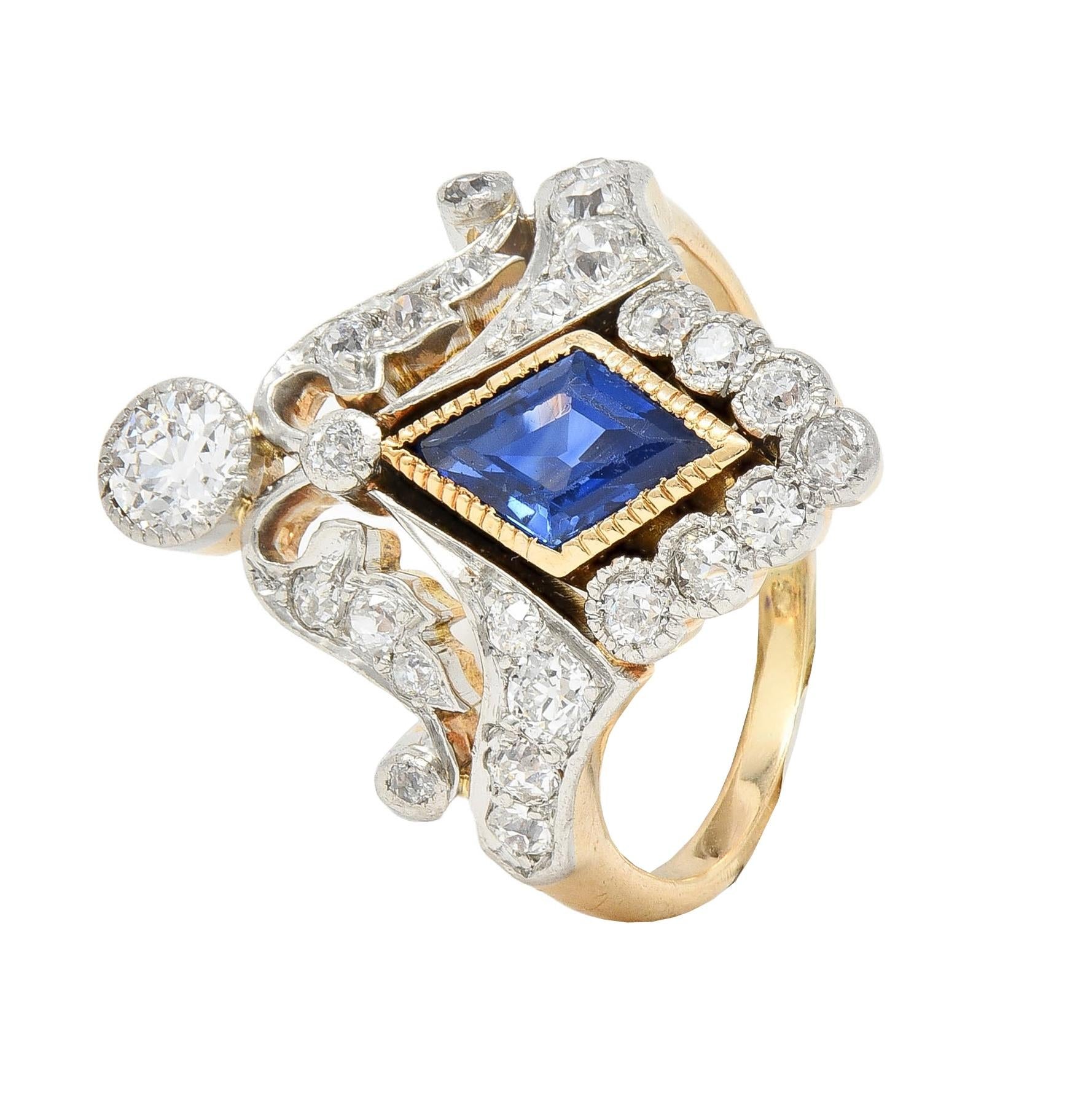 Belle Epoqué 1.32 CTW Sapphire Diamond Platinum 14K Gold Antique Navette Ring