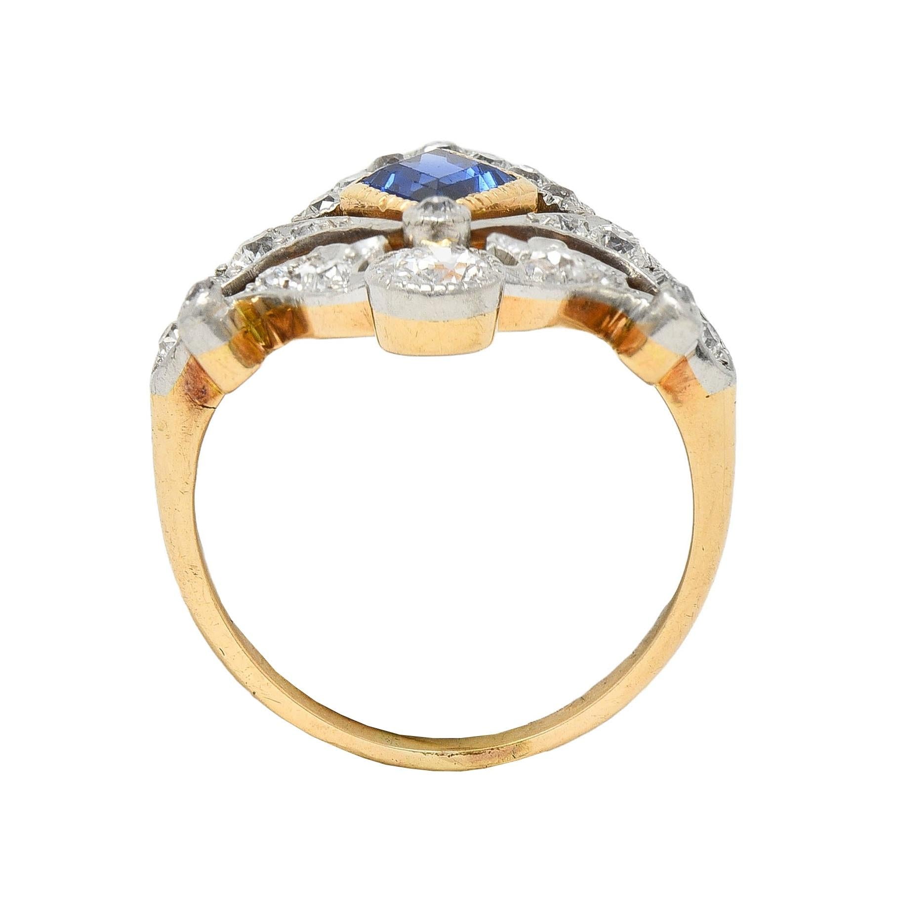 Belle Epoqué 1.32 CTW Sapphire Diamond Platinum 14K Gold Antique Navette Ring