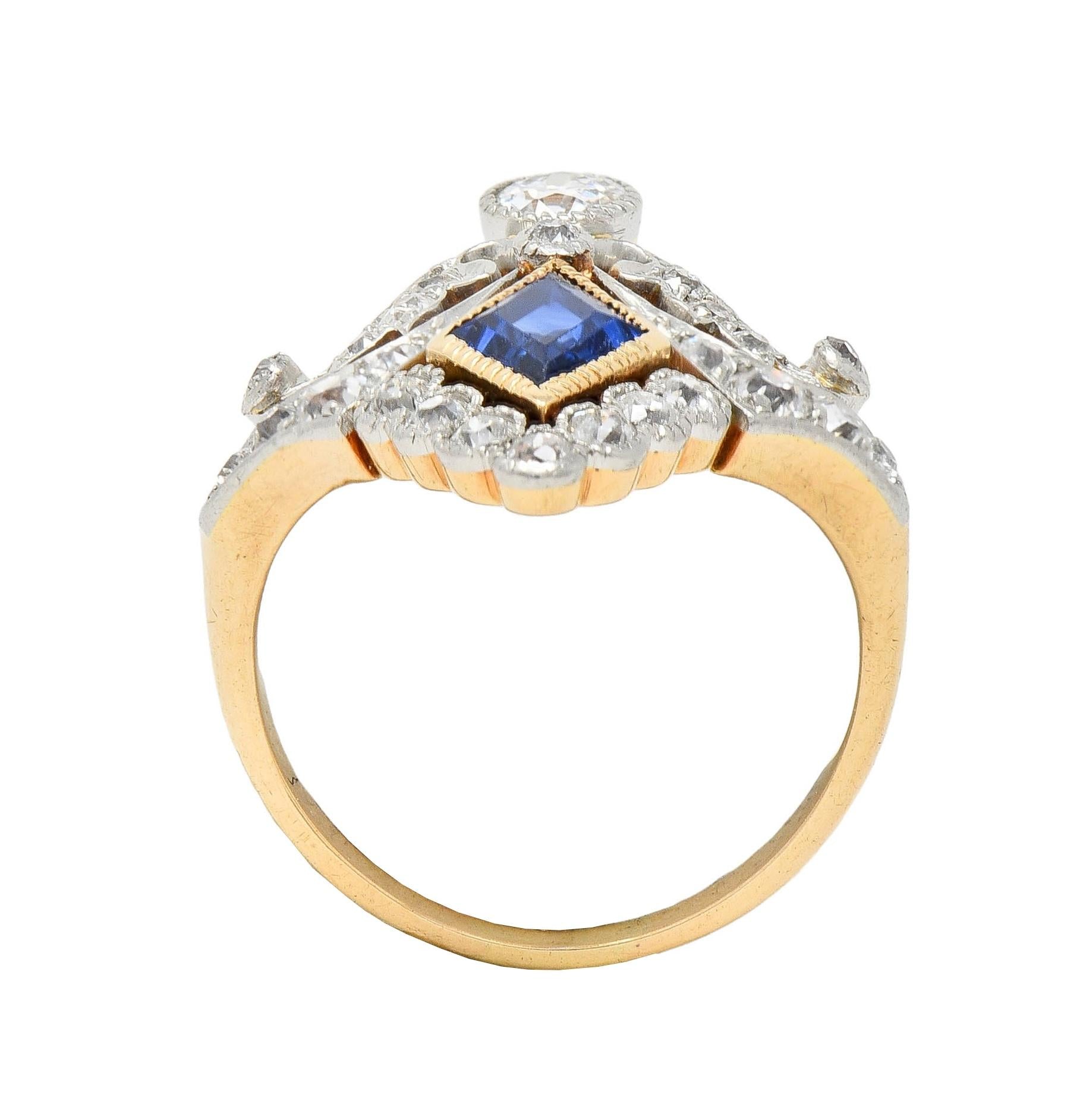 Belle Epoqué 1.32 CTW Sapphire Diamond Platinum 14K Gold Antique Navette Ring