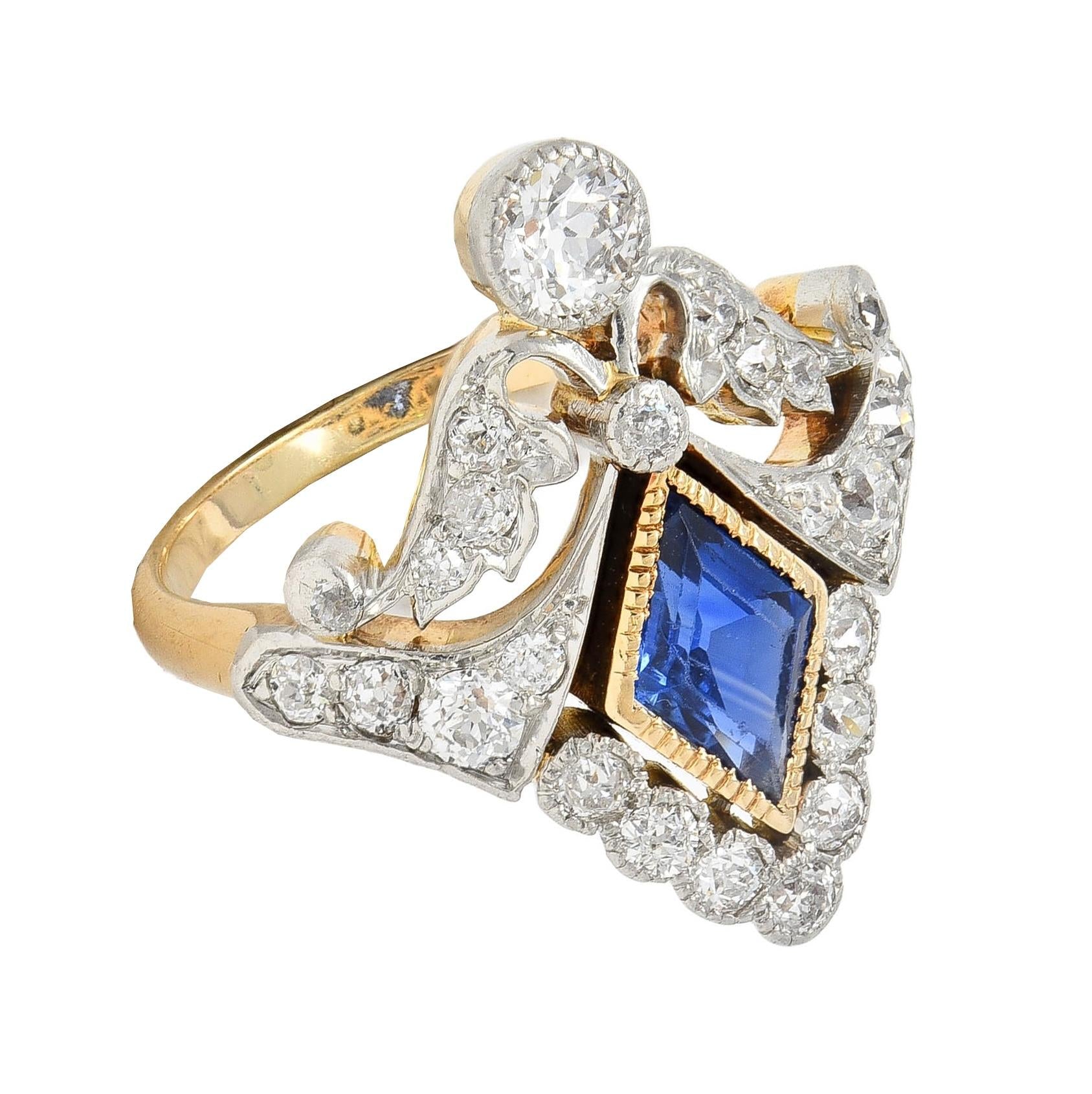 Belle Epoqué 1.32 CTW Sapphire Diamond Platinum 14K Gold Antique Navette Ring