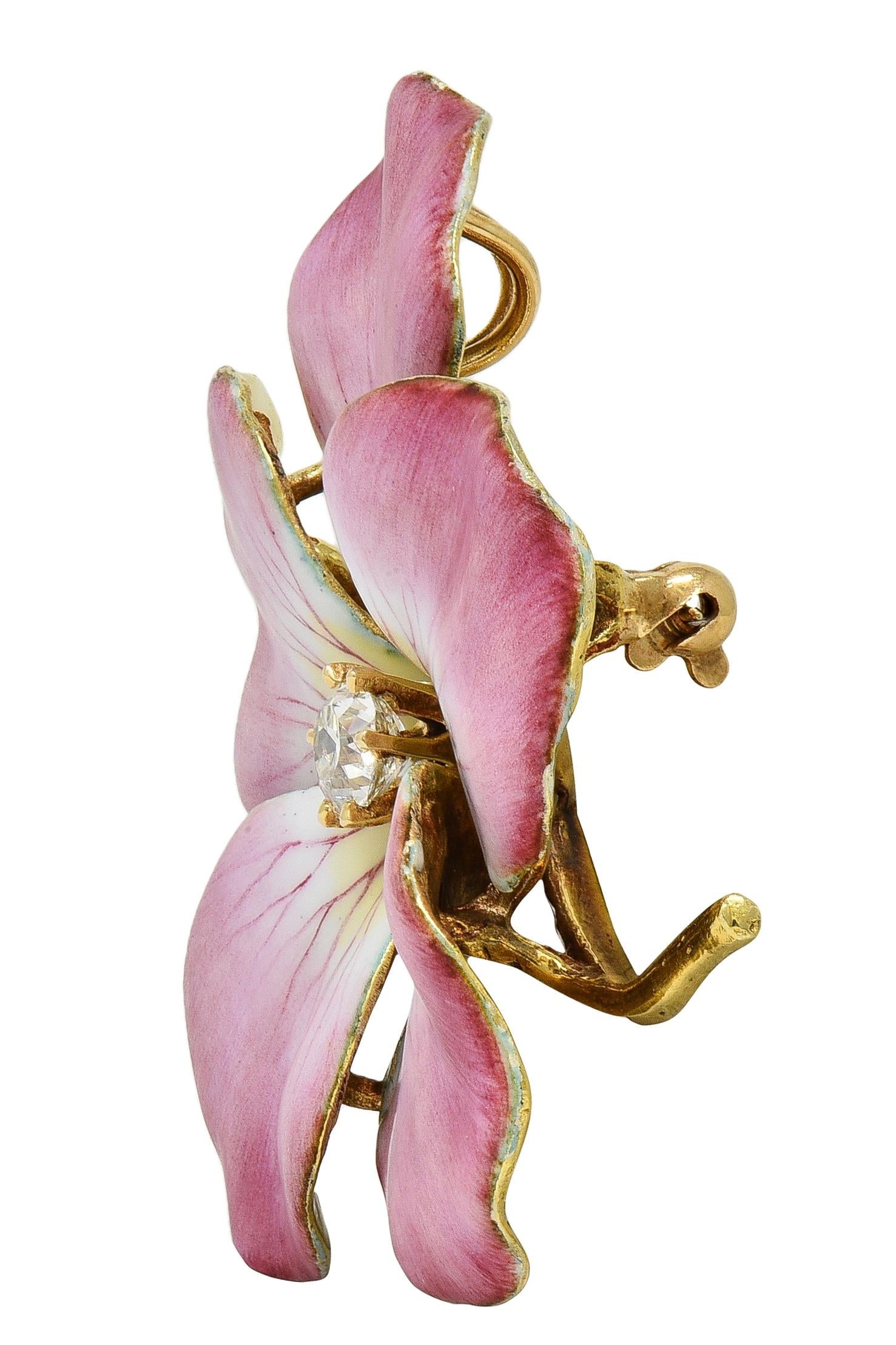 Art Nouveau Diamond Enamel 14 Karat Yellow Gold Antique Flower Pendant Brooch