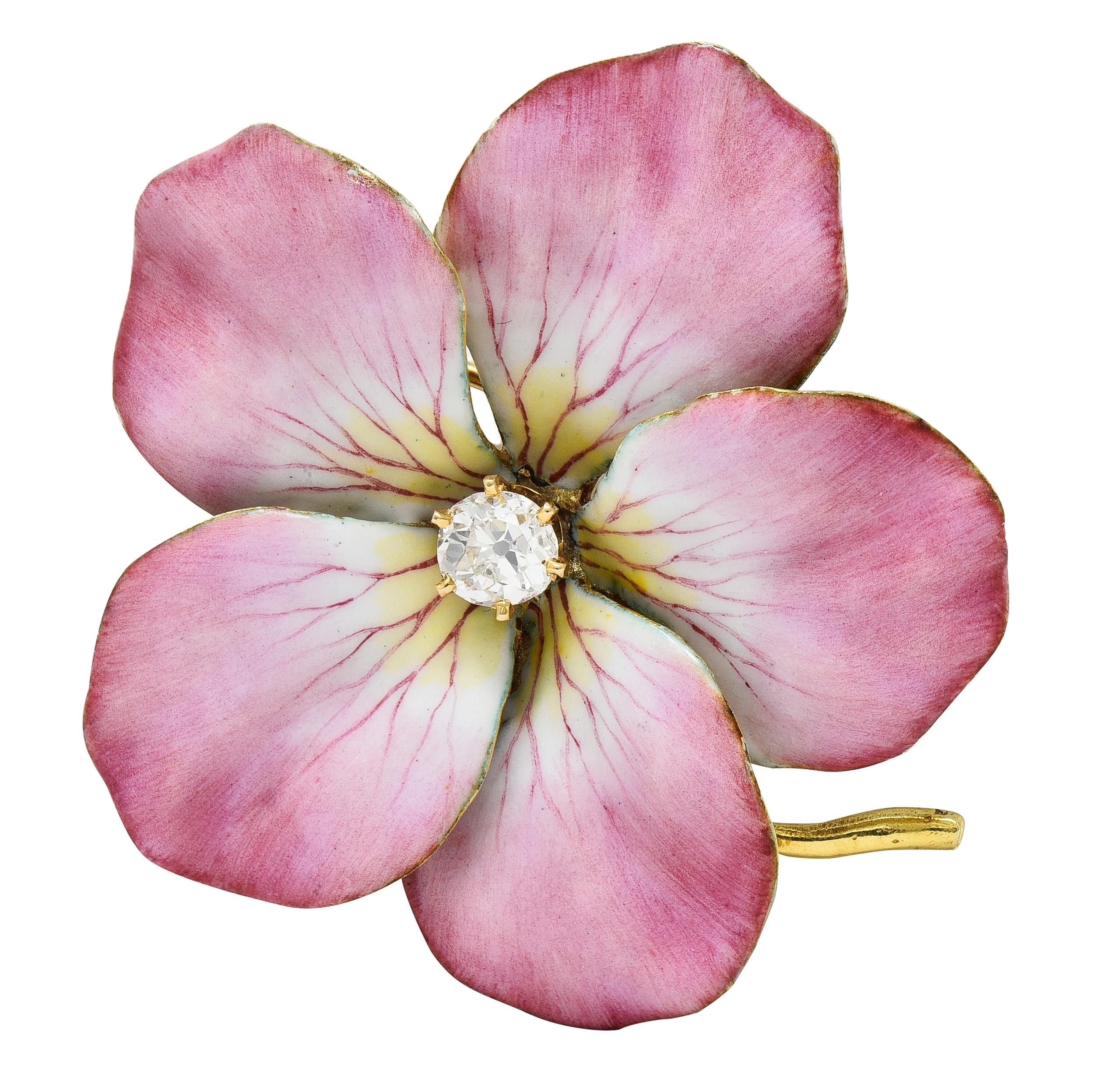 Art Nouveau Diamond Enamel 14 Karat Yellow Gold Antique Flower Pendant Brooch