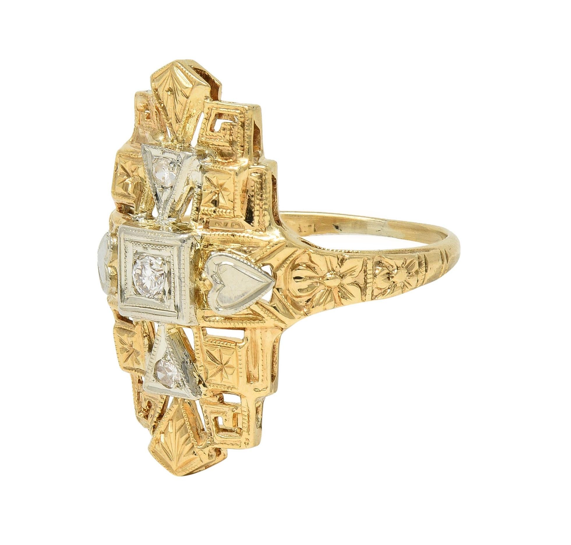 Art Deco Diamond 14 Karat Two-Tone Gold Streamline Heart Navette Dinner Ring