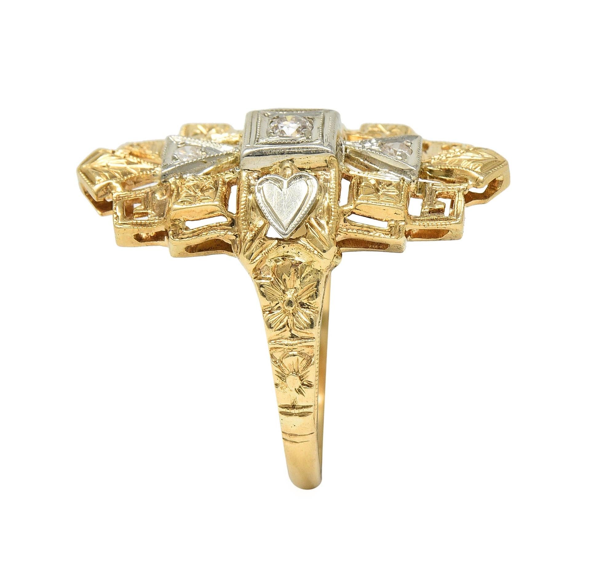 Art Deco Diamond 14 Karat Two-Tone Gold Streamline Heart Navette Dinner Ring