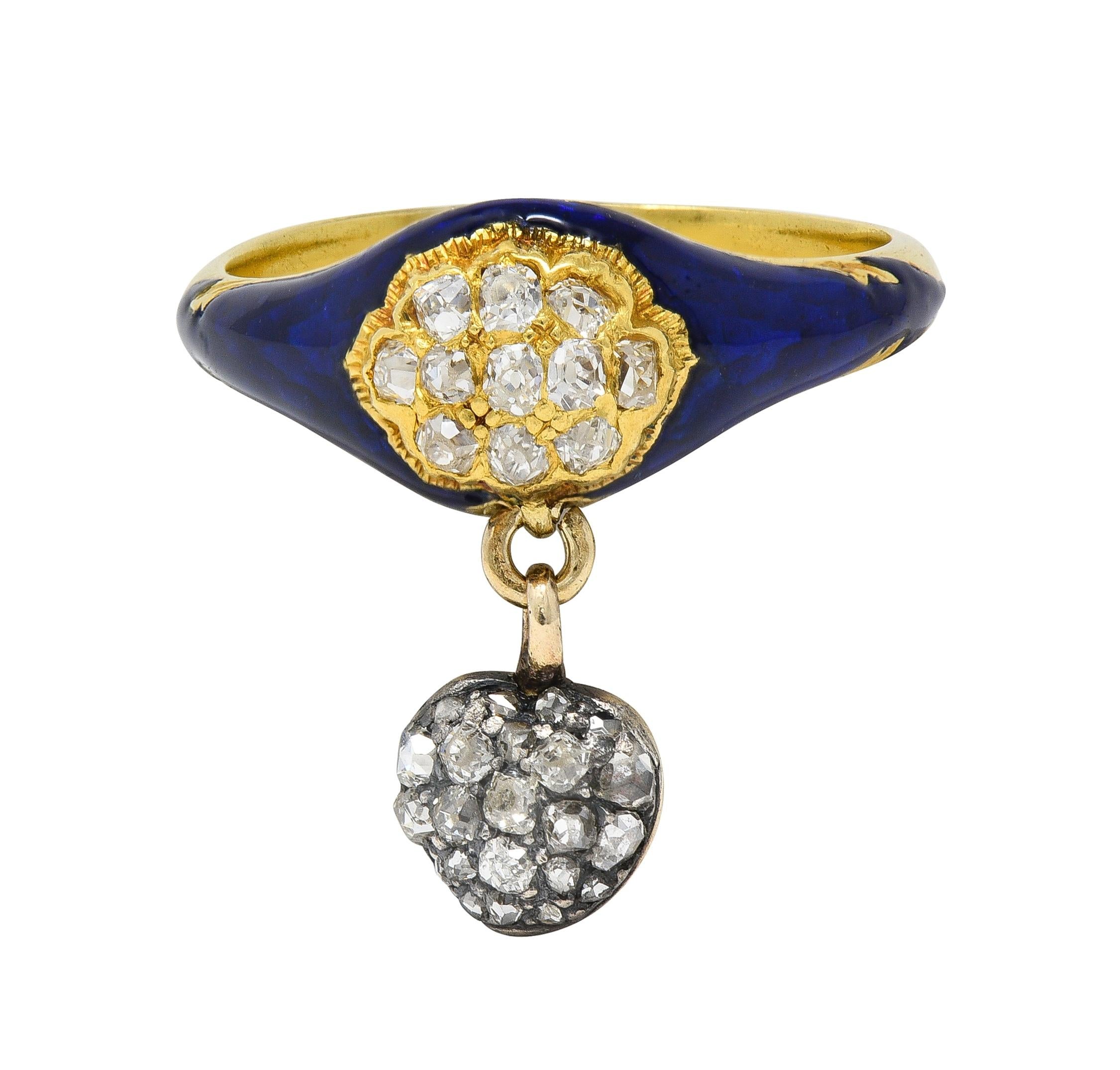 Victorian Diamond Blue Enamel 18K Yellow Gold Antique Heart Cluster Ring