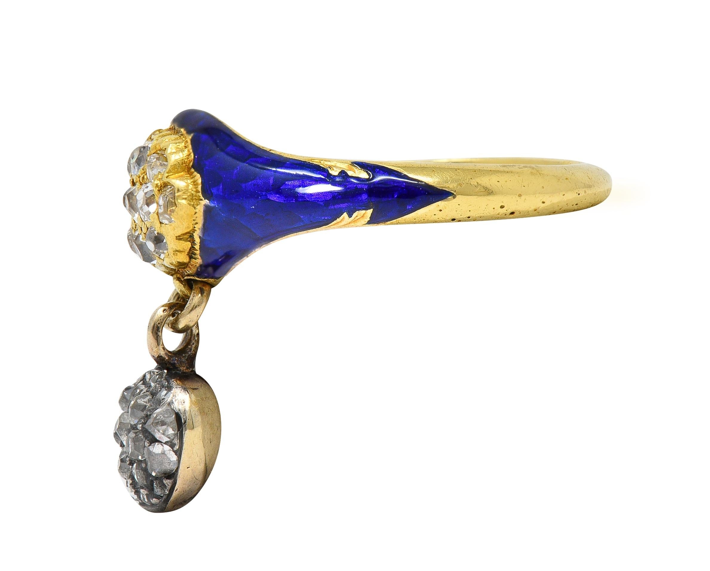 Victorian Diamond Blue Enamel 18K Yellow Gold Antique Heart Cluster Ring