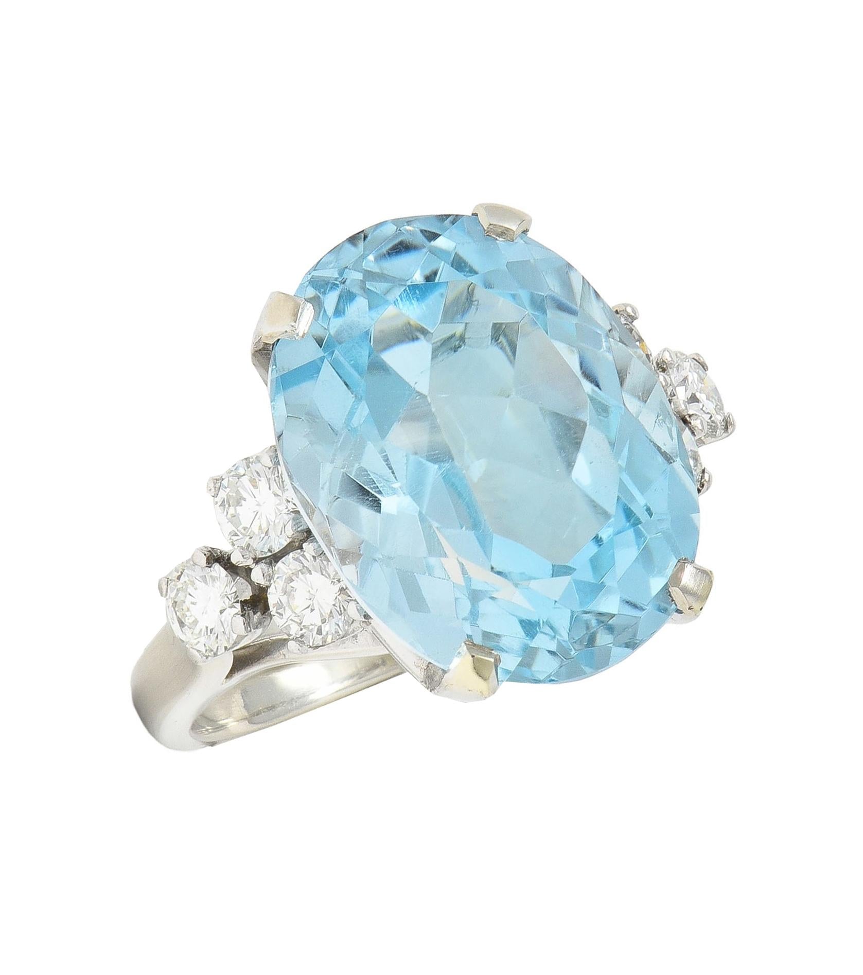 Mid-Century 10.59 CTW Aquamarine Diamond 14 Karat White Gold Vintage Ring