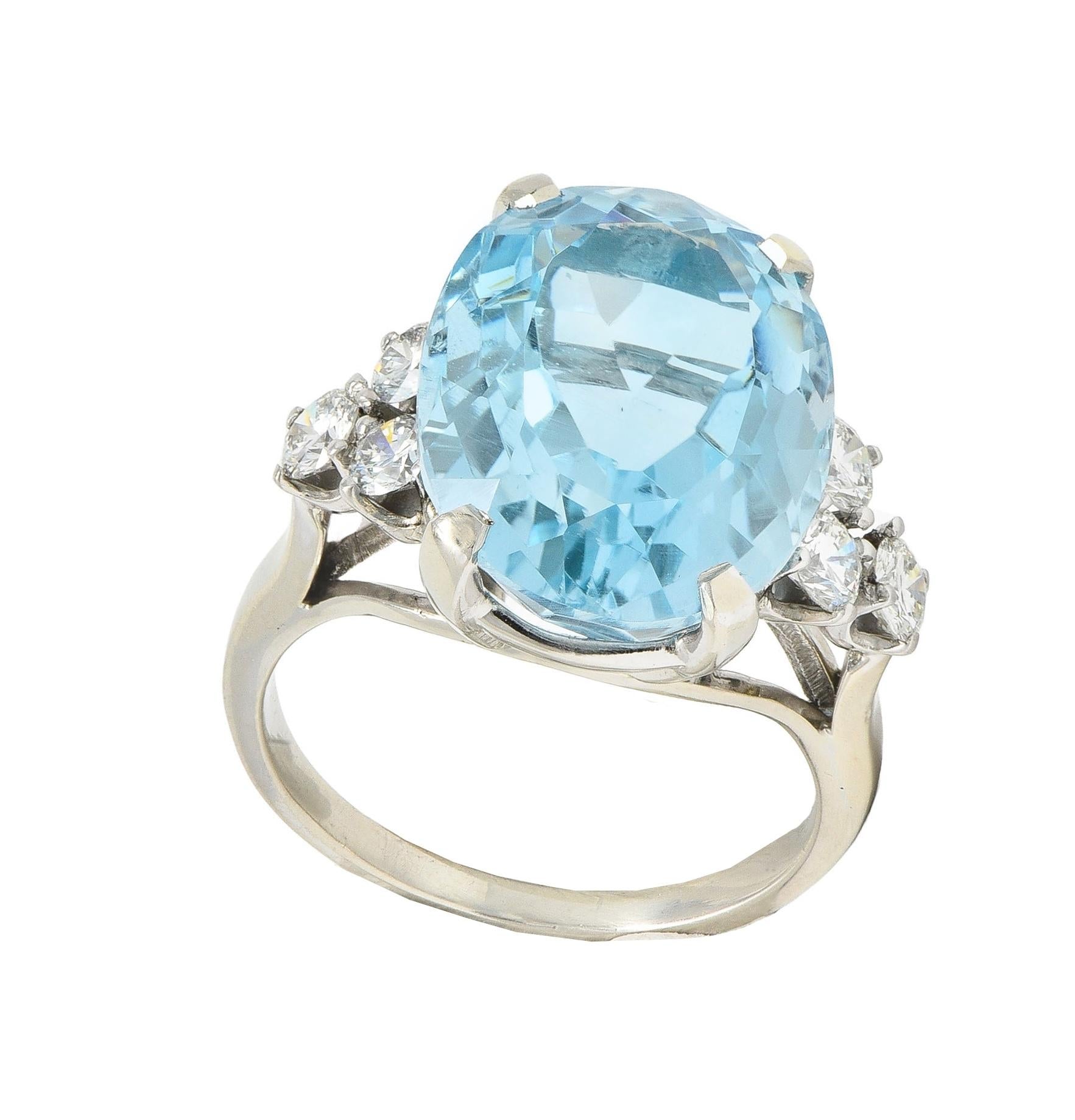 Mid-Century 10.59 CTW Aquamarine Diamond 14 Karat White Gold Vintage Ring