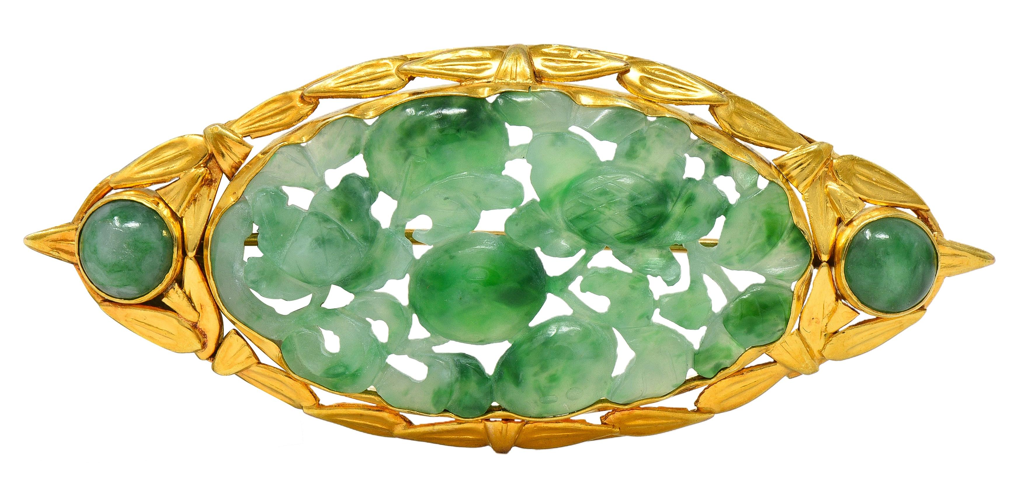 Early Art Deco Carved Jade 14 Karat Yellow Gold Antique Wheat Brooch