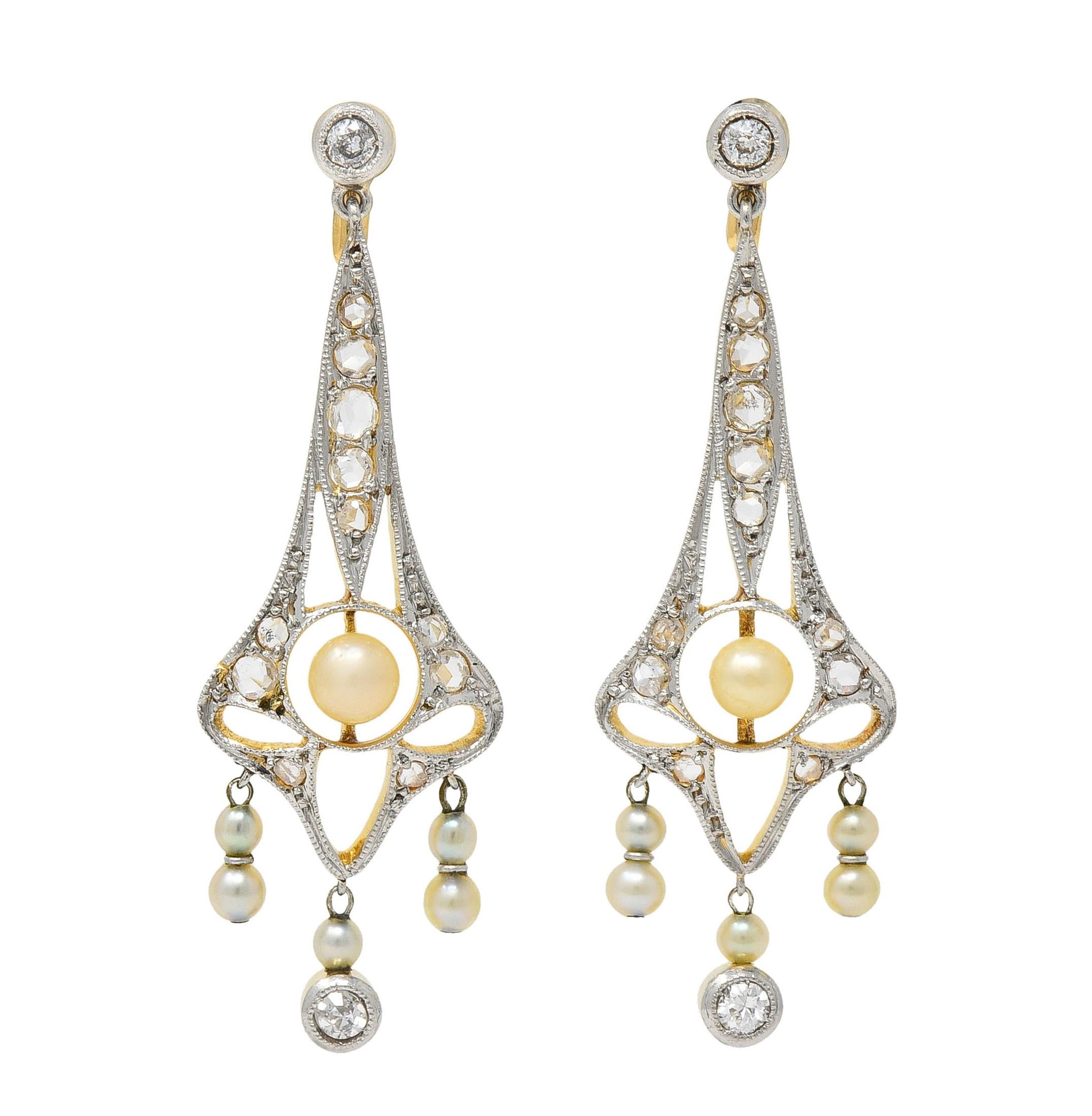 Edwardian 0.36 CTW Diamond Pearl Platinum-Topped 18K Gold Antique Drop Earrings