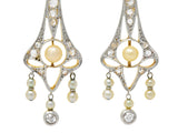 Edwardian 0.36 CTW Diamond Pearl Platinum-Topped 18K Gold Antique Drop Earrings