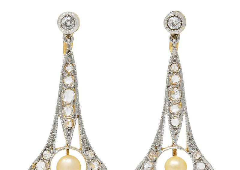 Edwardian 0.36 CTW Diamond Pearl Platinum-Topped 18K Gold Antique Drop Earrings