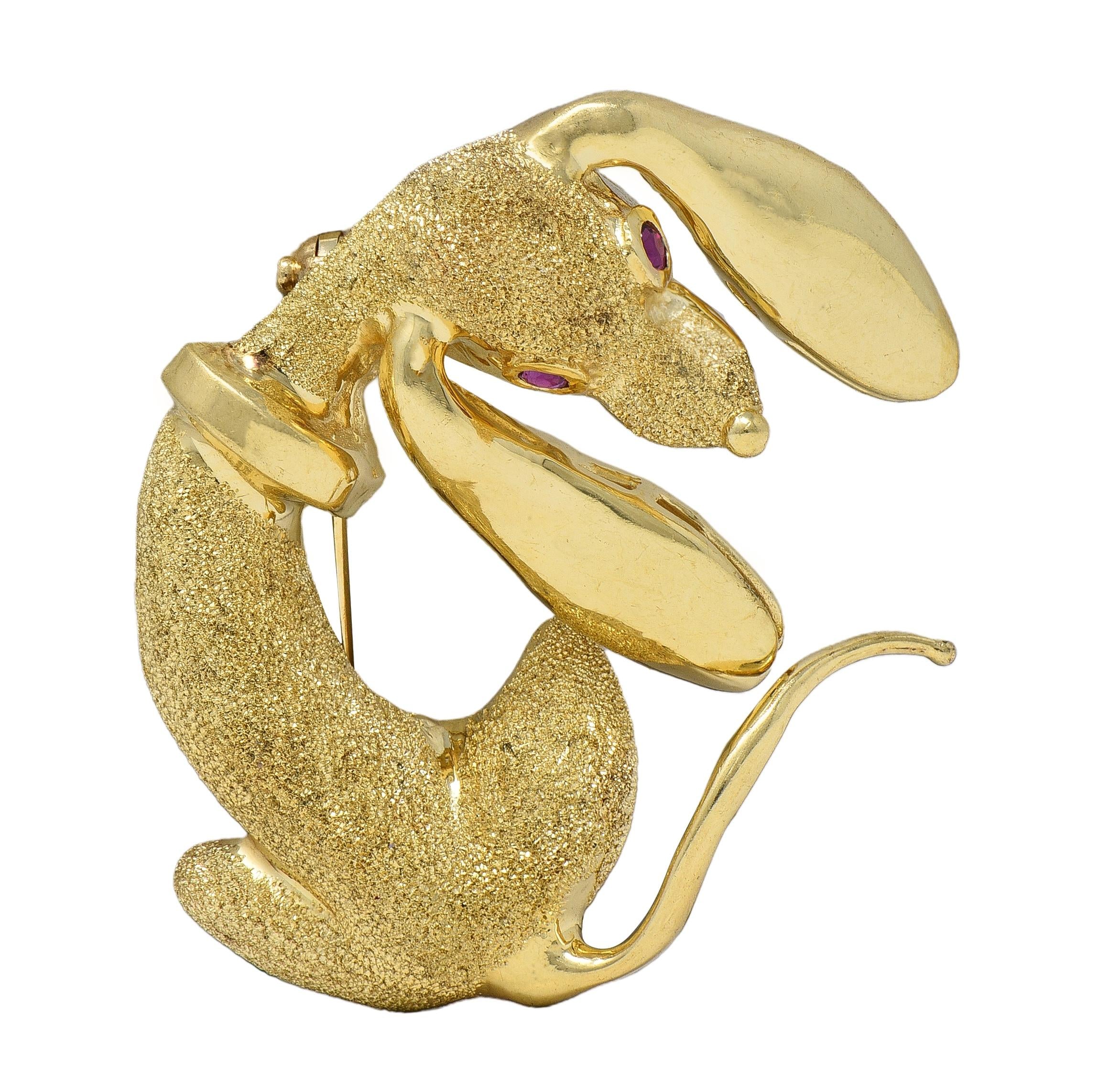 1960's Ruby 14 Karat Yellow Gold Vintage Dachshund Dog Brooch