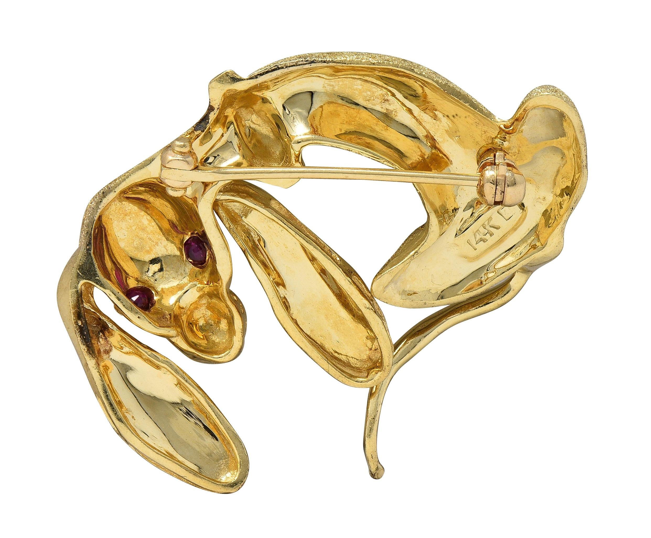 1960's Ruby 14 Karat Yellow Gold Vintage Dachshund Dog Brooch