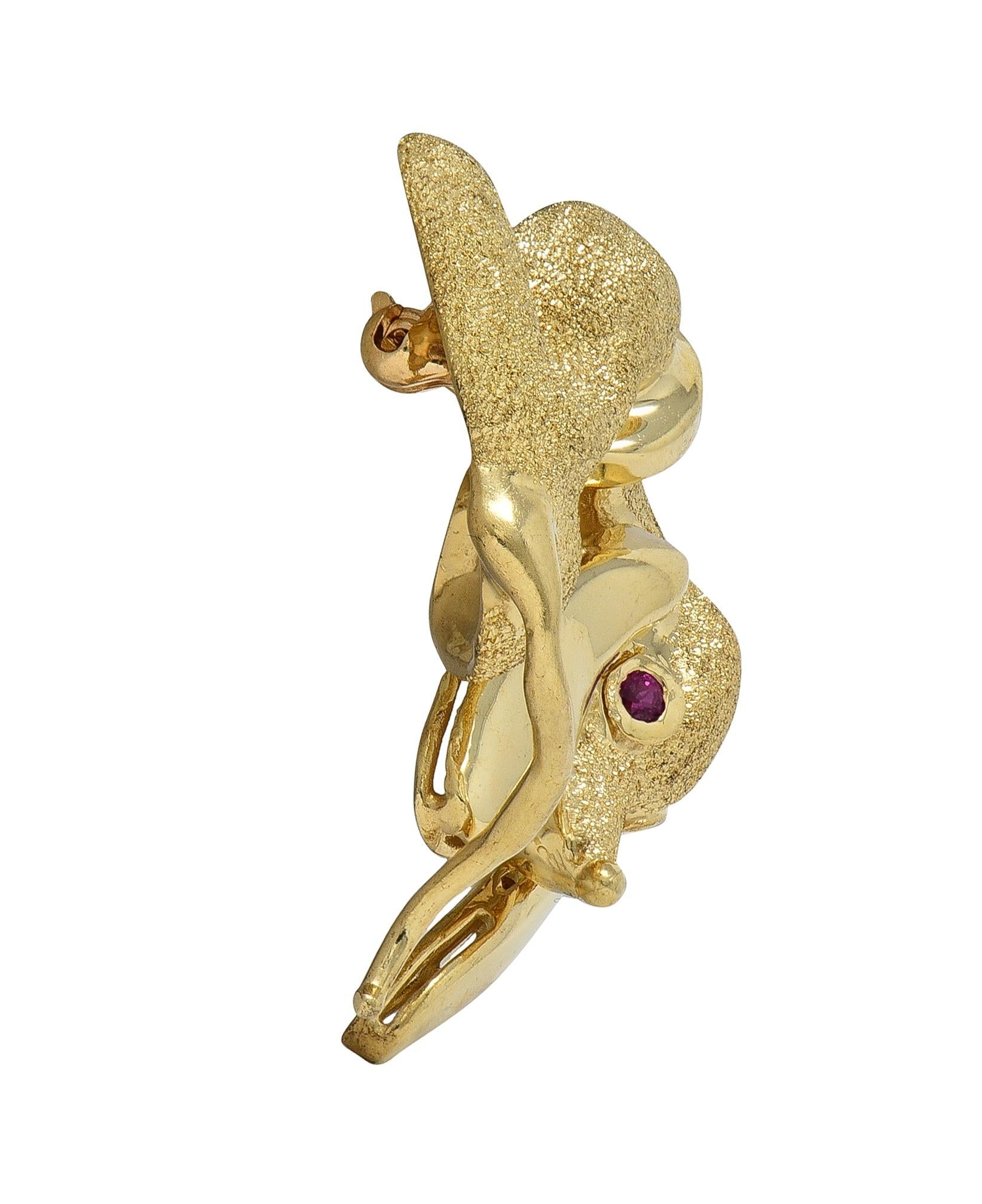1960's Ruby 14 Karat Yellow Gold Vintage Dachshund Dog Brooch