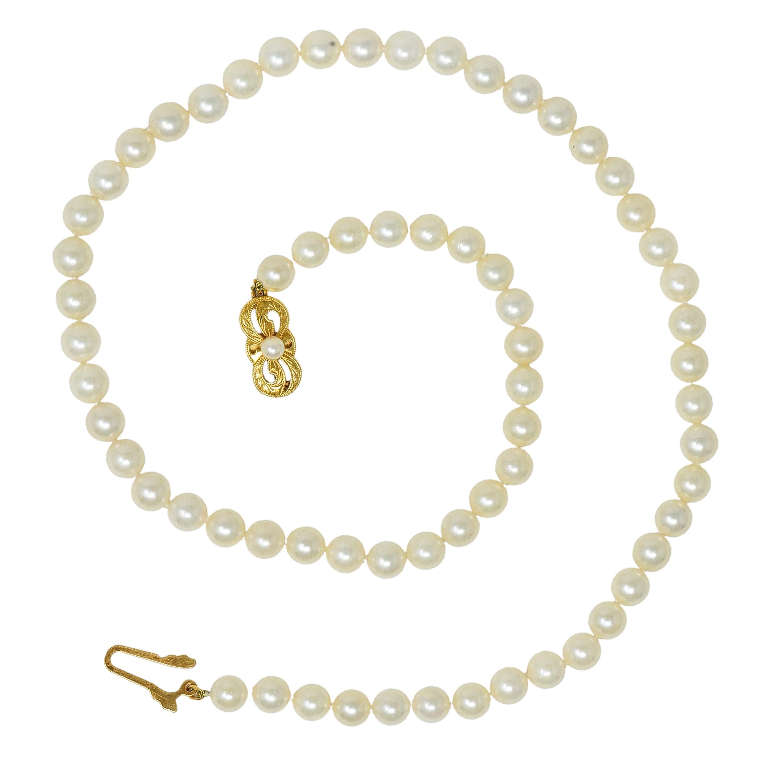 Mikimoto 1980's Akoya Pearl 18 Karat Yellow Gold Vintage Pearl Strand Necklace