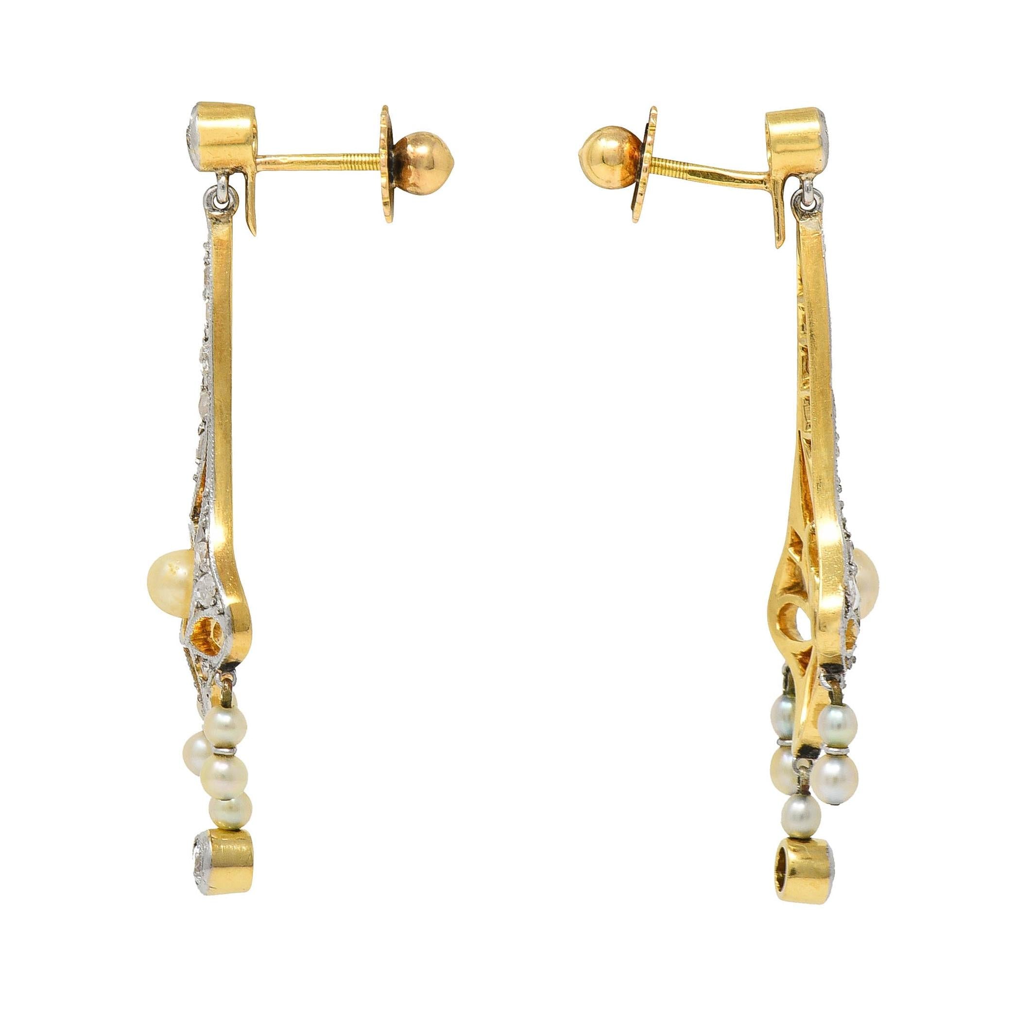 Edwardian 0.36 CTW Diamond Pearl Platinum-Topped 18K Gold Antique Drop Earrings