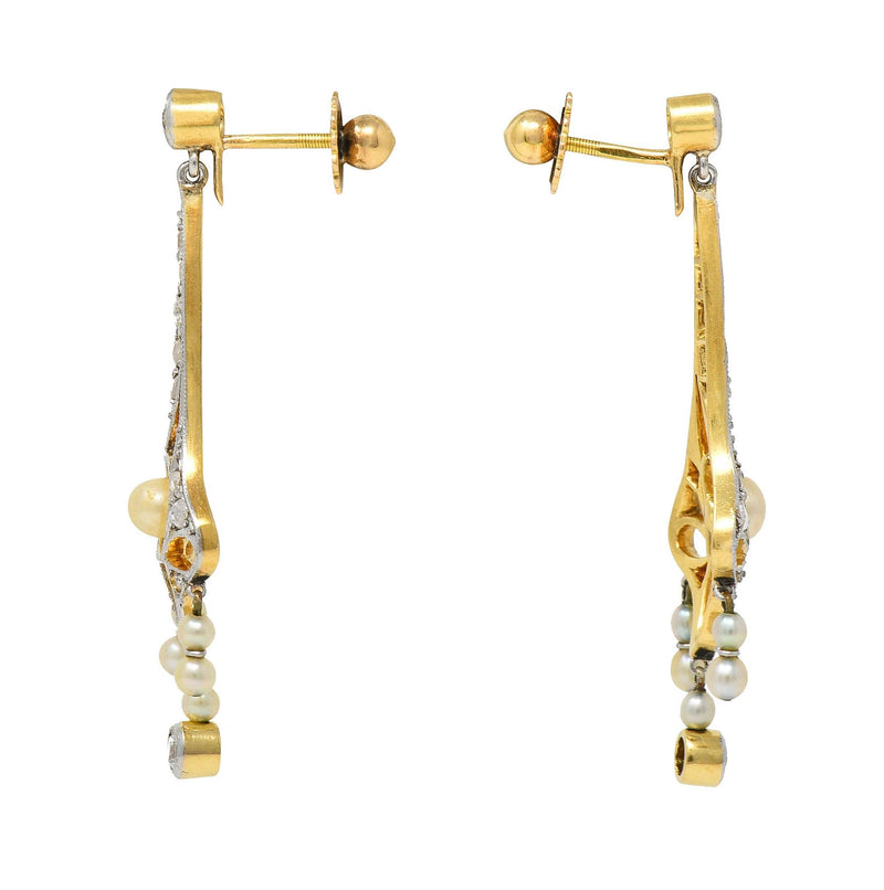 Edwardian 0.36 CTW Diamond Pearl Platinum-Topped 18K Gold Antique Drop Earrings