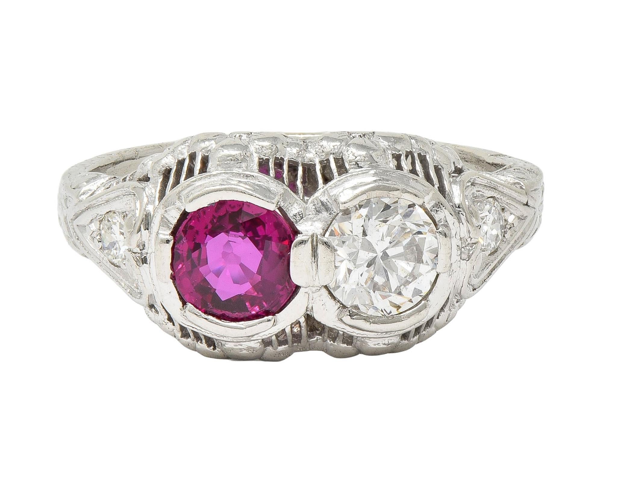 Art Deco 1.10 CTW No Heat Ruby Diamond 18K Gold Vintage Toi-Et-Moi Ring GIA