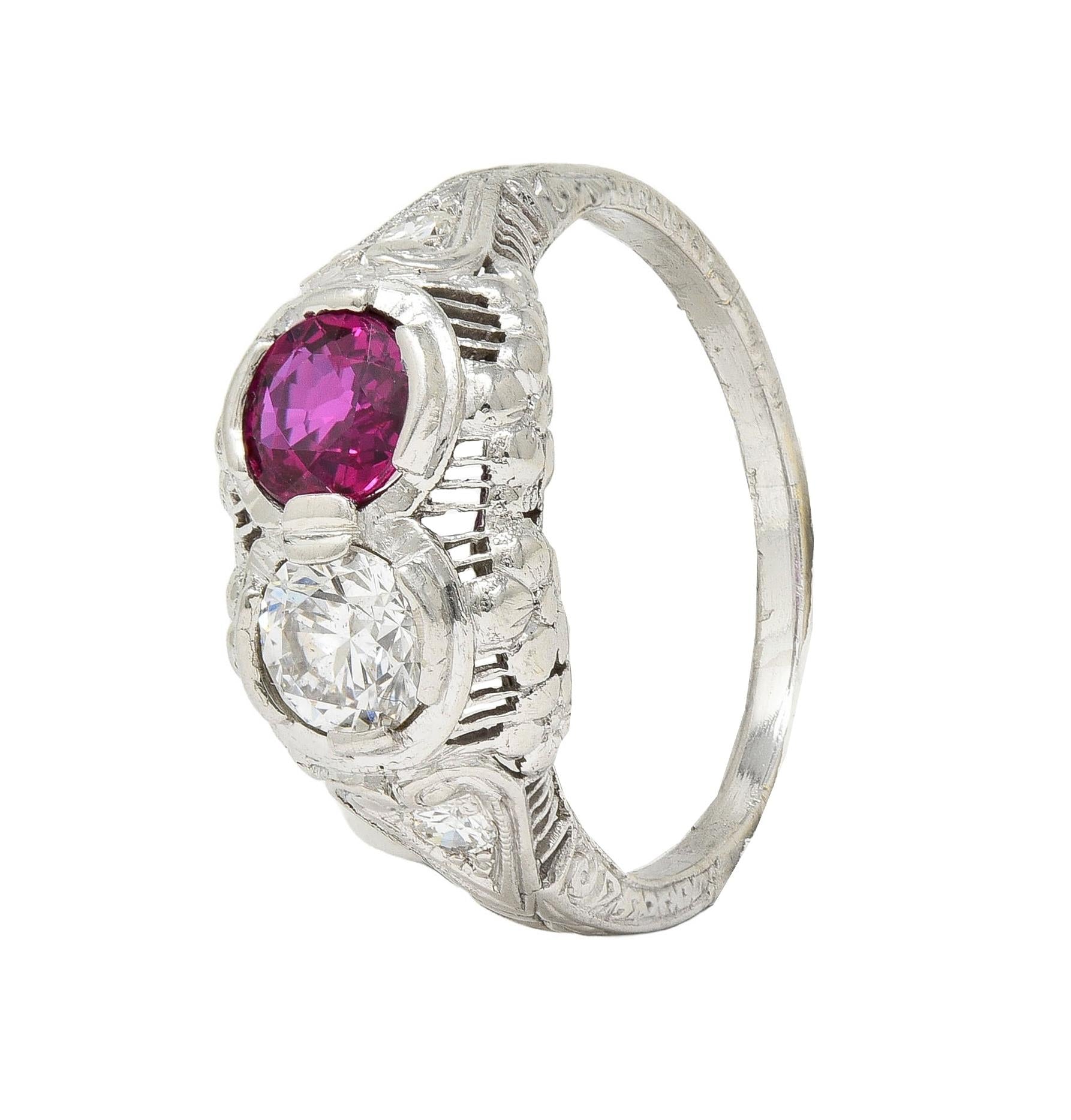 Art Deco 1.10 CTW No Heat Ruby Diamond 18K Gold Vintage Toi-Et-Moi Ring GIA