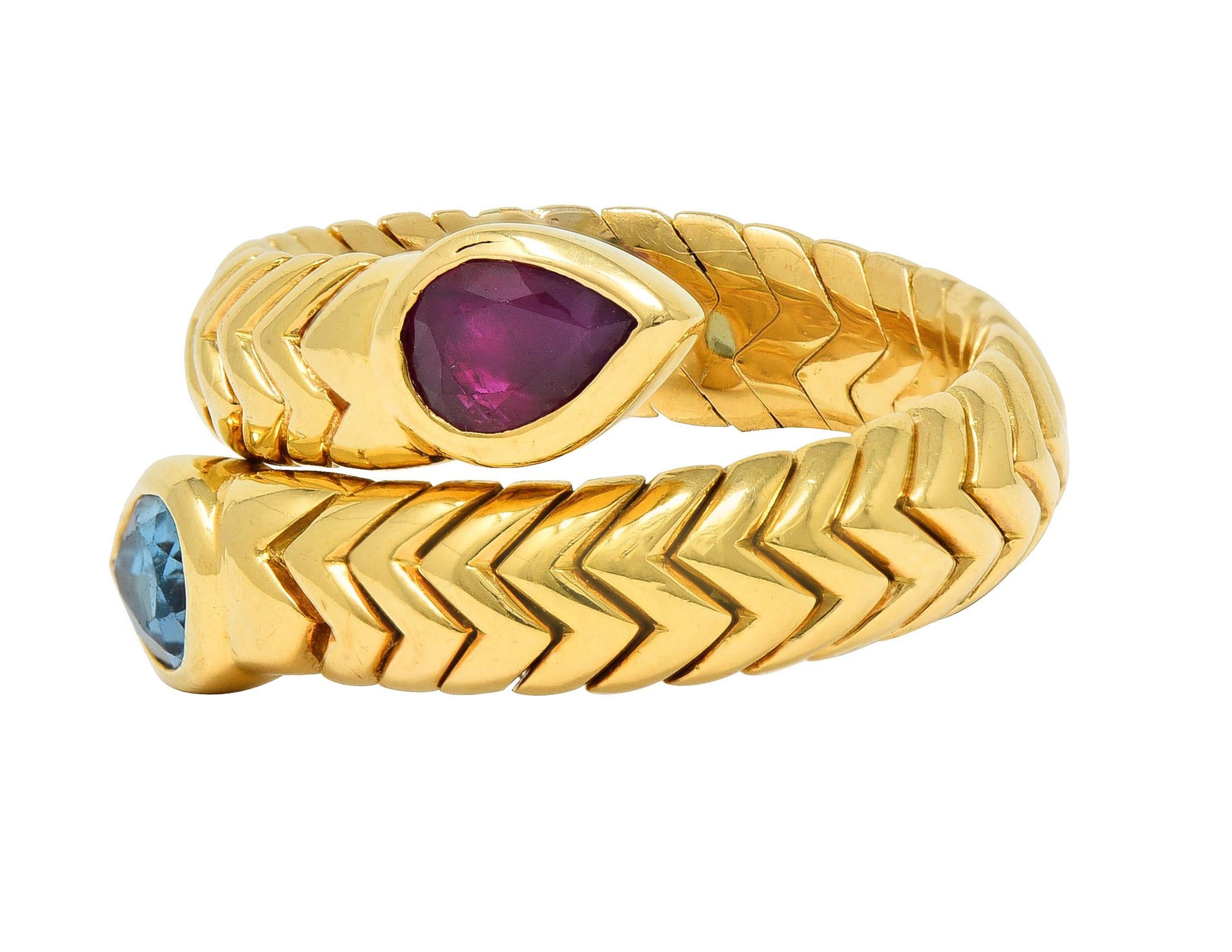 Bulgari Vintage Ruby Topaz 18 Karat Yellow Gold Spiga Tubogas Bypass Ring