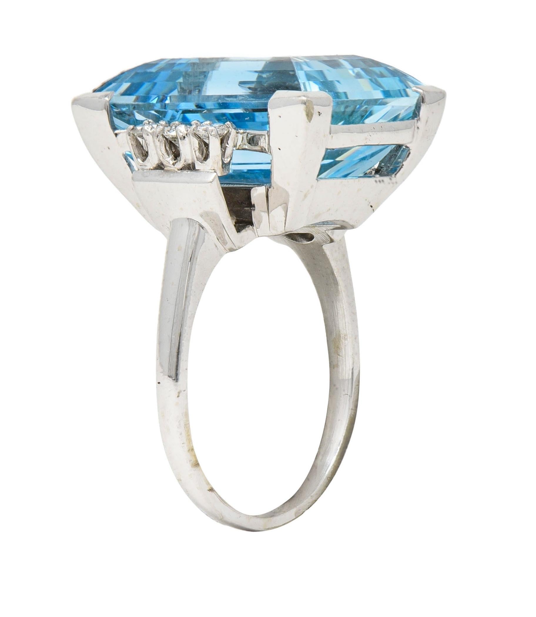 Mid-Century 19.50 CTW Aquamarine Diamond 18K White Gold Vintage Cocktail Ring