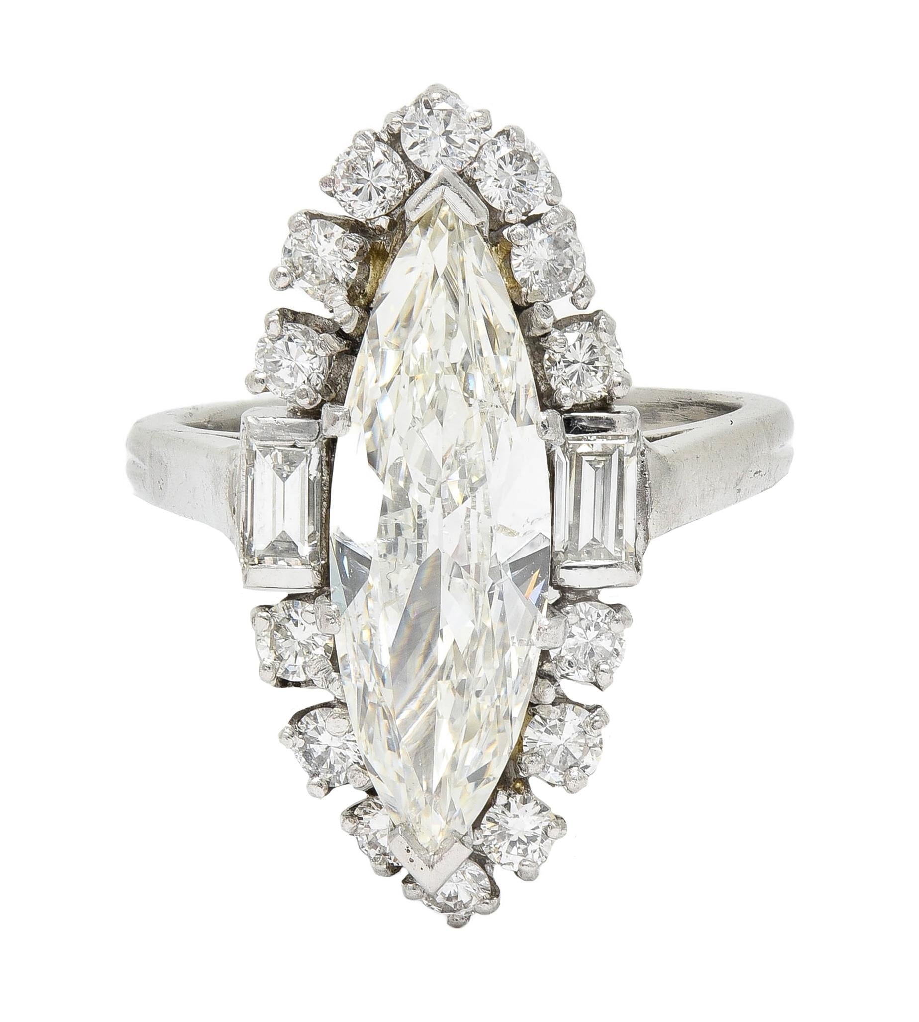 Mid-Century 2.42 CTW Marquise Cut Diamond Platinum Halo Vintage Engagement Ring