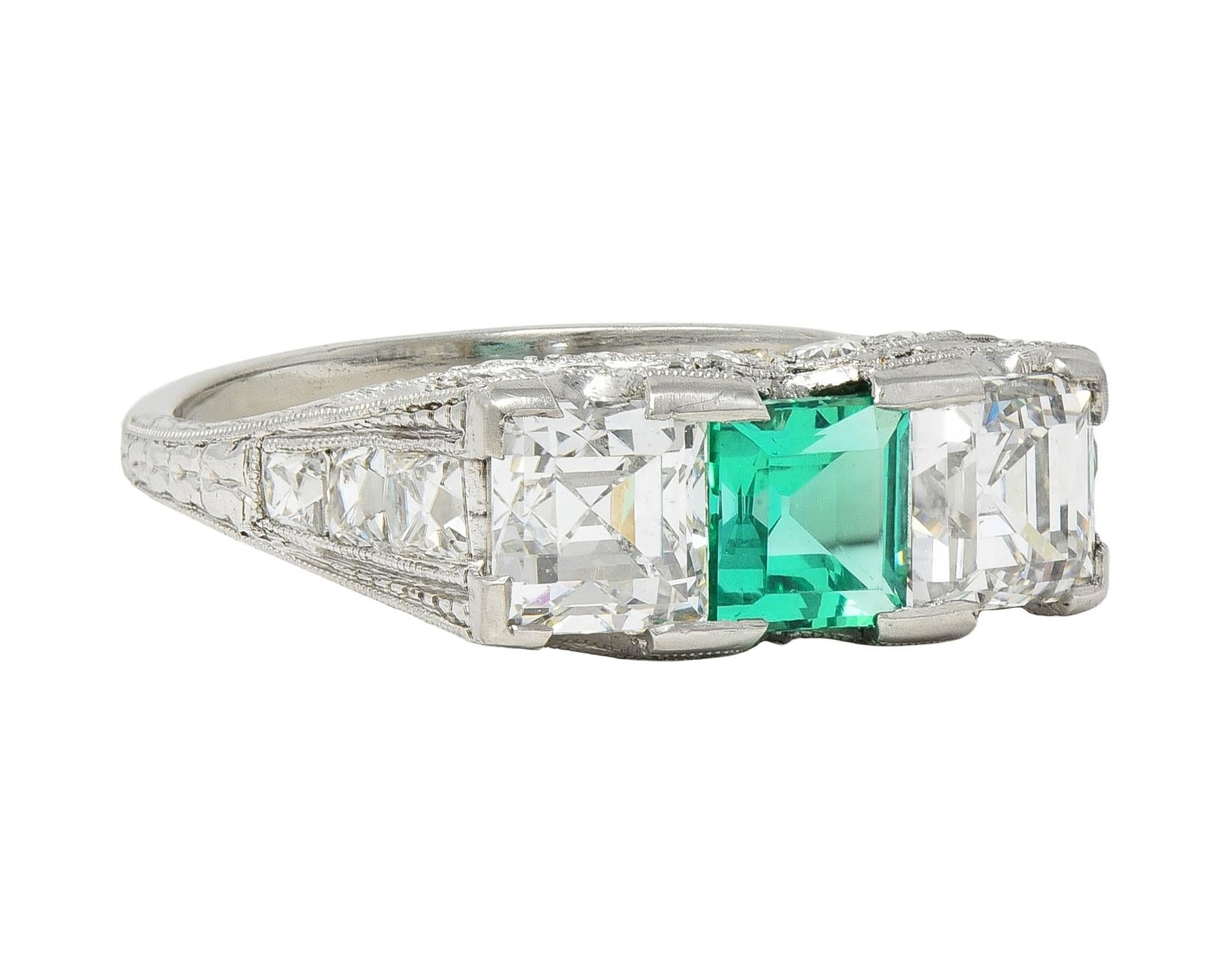 Art Deco 3.51 CTW Emerald Diamond Platinum Vintage Three Stone Ring