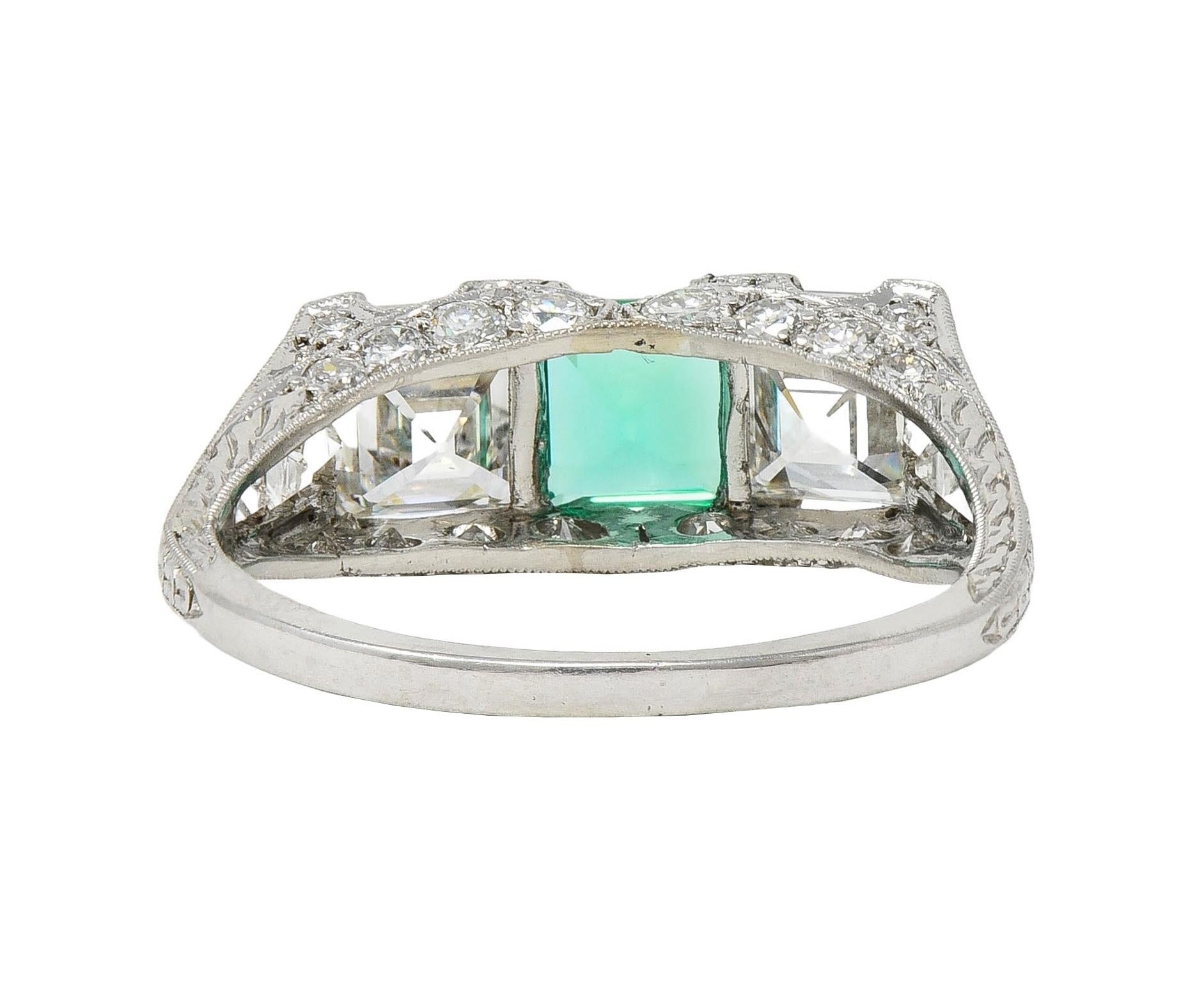 Art Deco 3.51 CTW Emerald Diamond Platinum Vintage Three Stone Ring