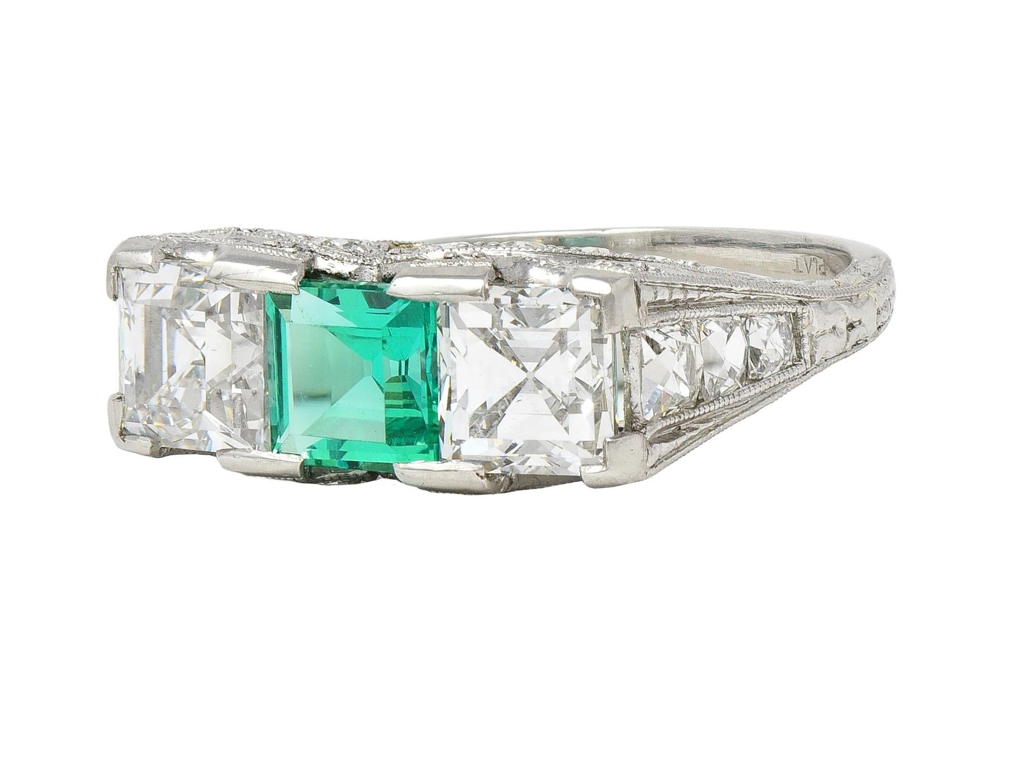 Art Deco 3.51 CTW Emerald Diamond Platinum Vintage Three Stone Ring