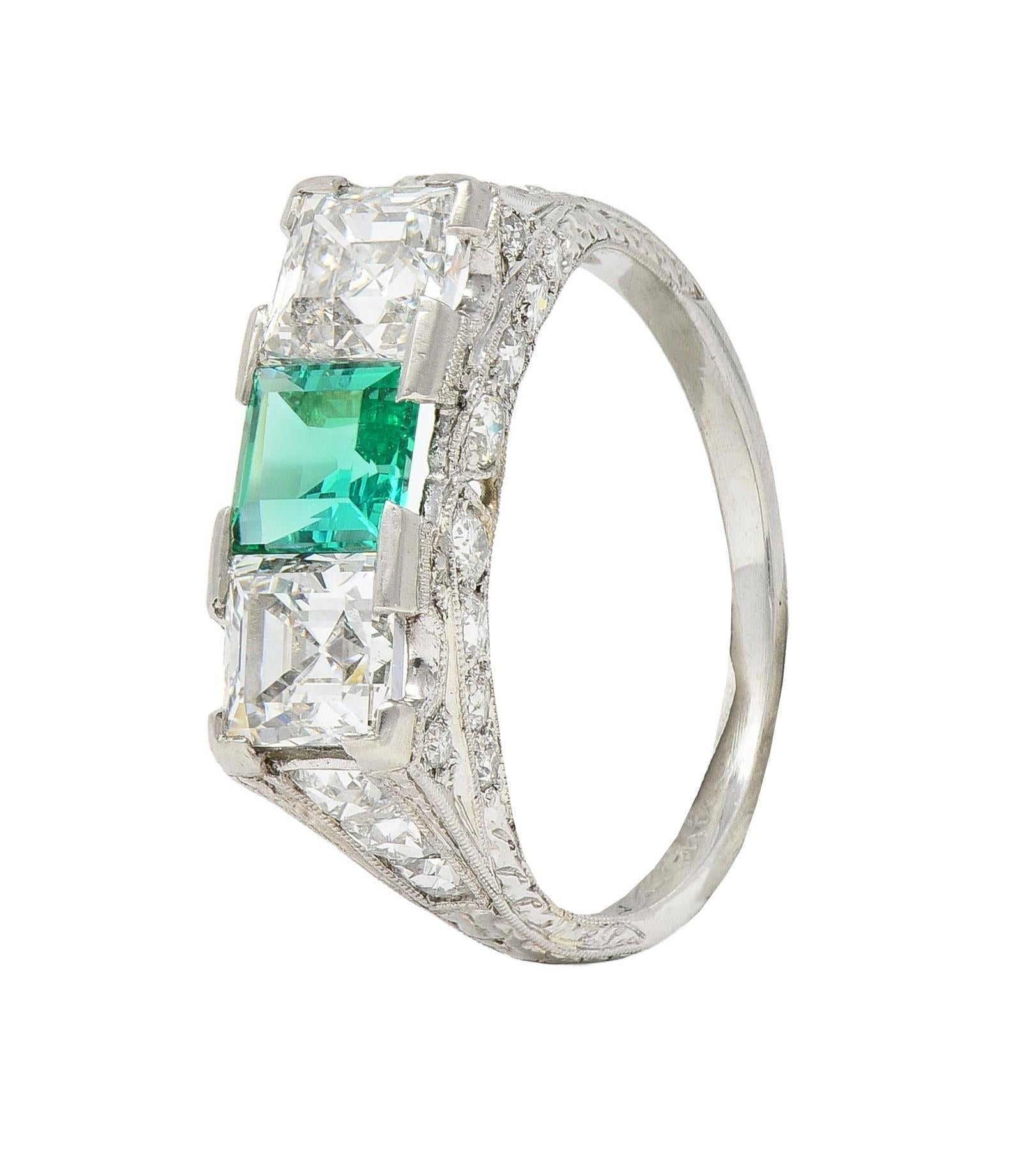 Art Deco 3.51 CTW Emerald Diamond Platinum Vintage Three Stone Ring