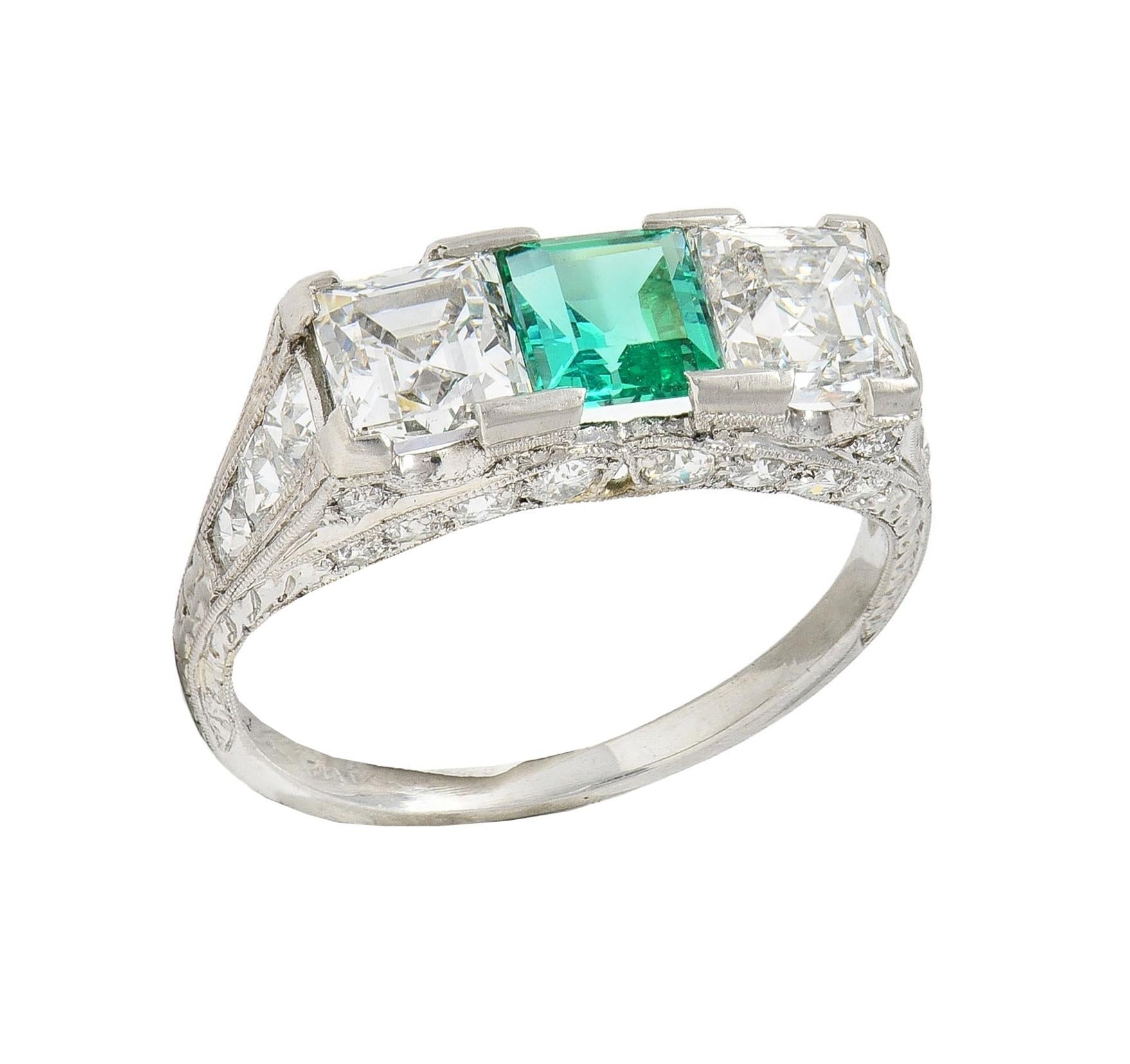 Art Deco 3.51 CTW Emerald Diamond Platinum Vintage Three Stone Ring