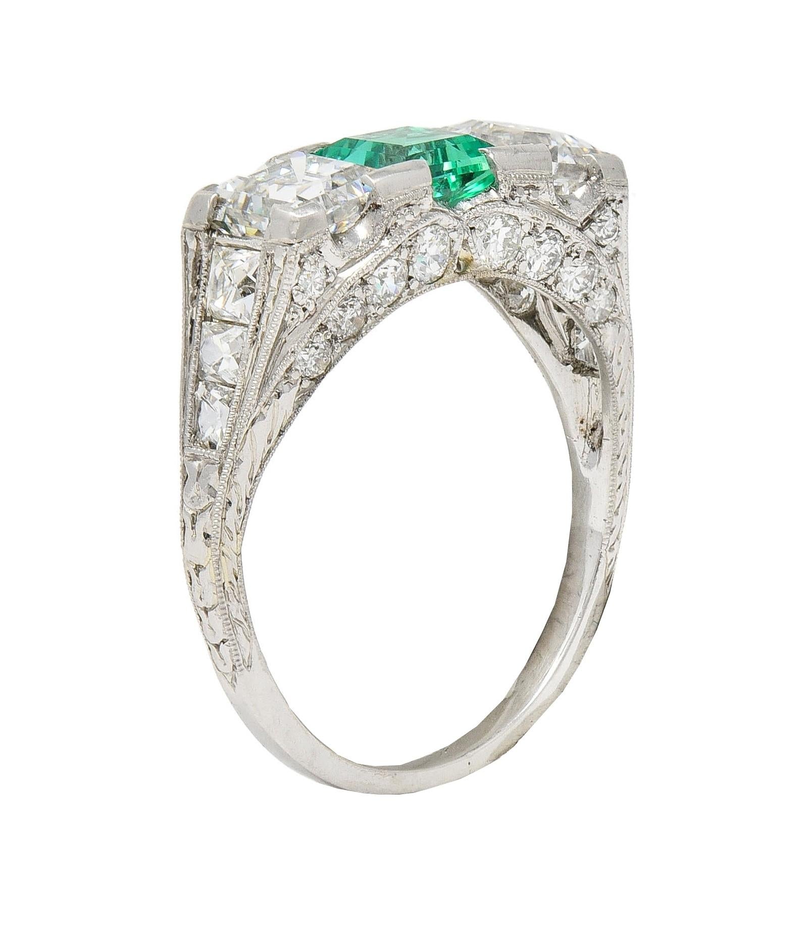 Art Deco 3.51 CTW Emerald Diamond Platinum Vintage Three Stone Ring