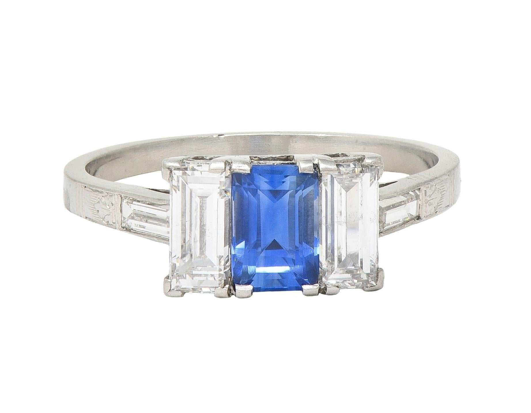 J.E.Caldwell Art Deco 1.82 CTW Sapphire Diamond Platinum Vintage 3 Stone Ring