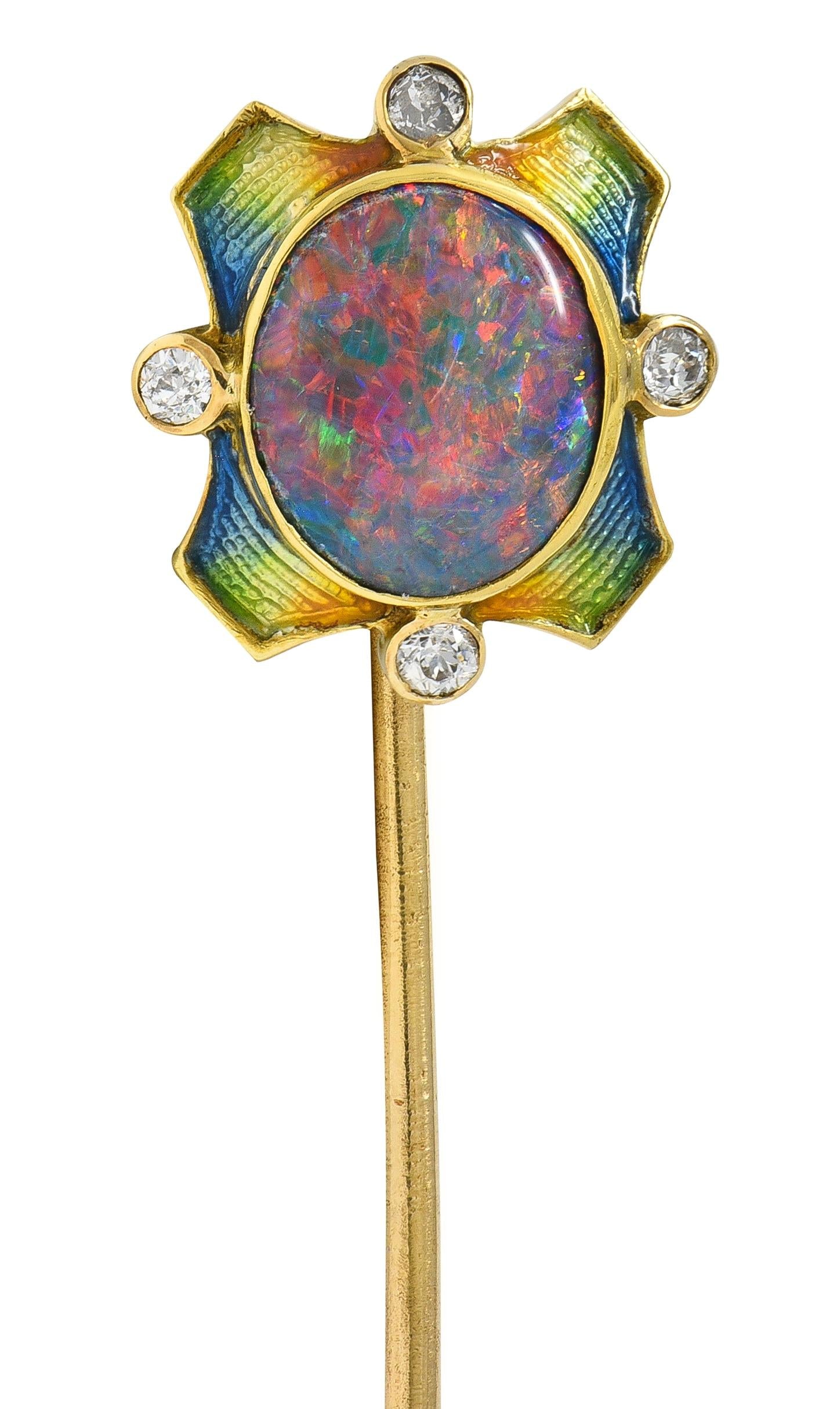 Art Nouveau Opal Diamond Enamel 14 Karat Yellow Gold Antique Stickpin