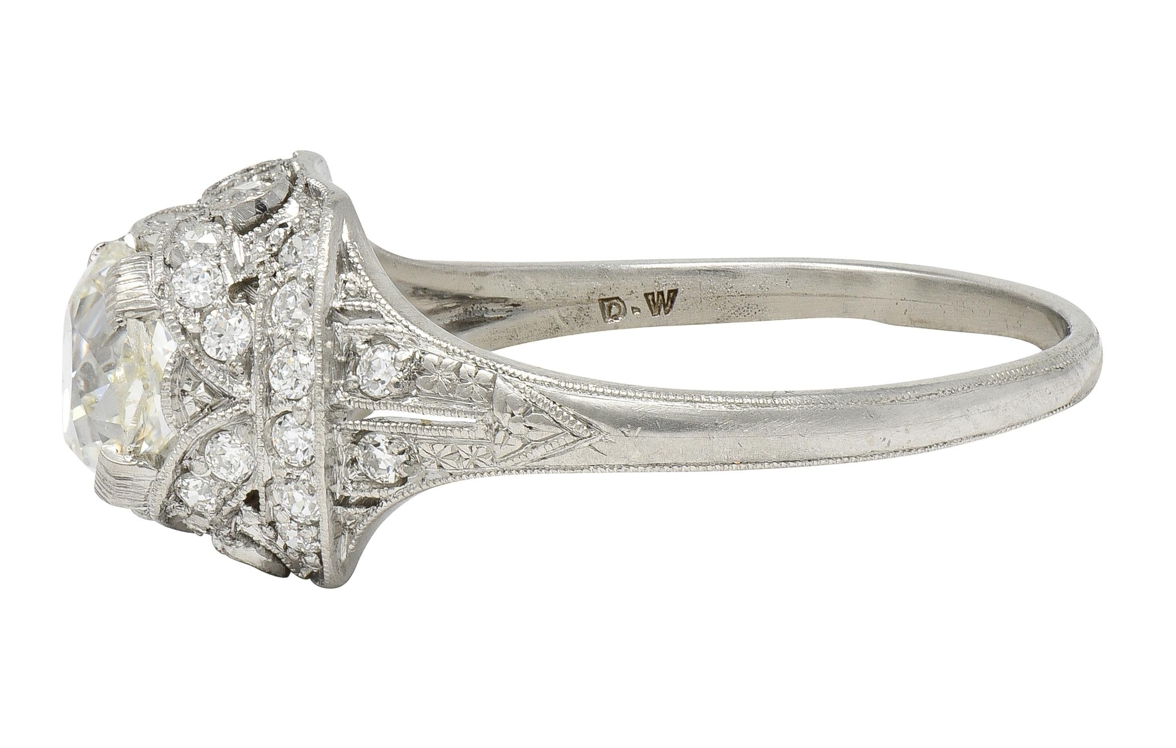 Art Deco 1.71 CTW Old Mine Cut Diamond Platinum Ribbon Vintage Engagement Ring