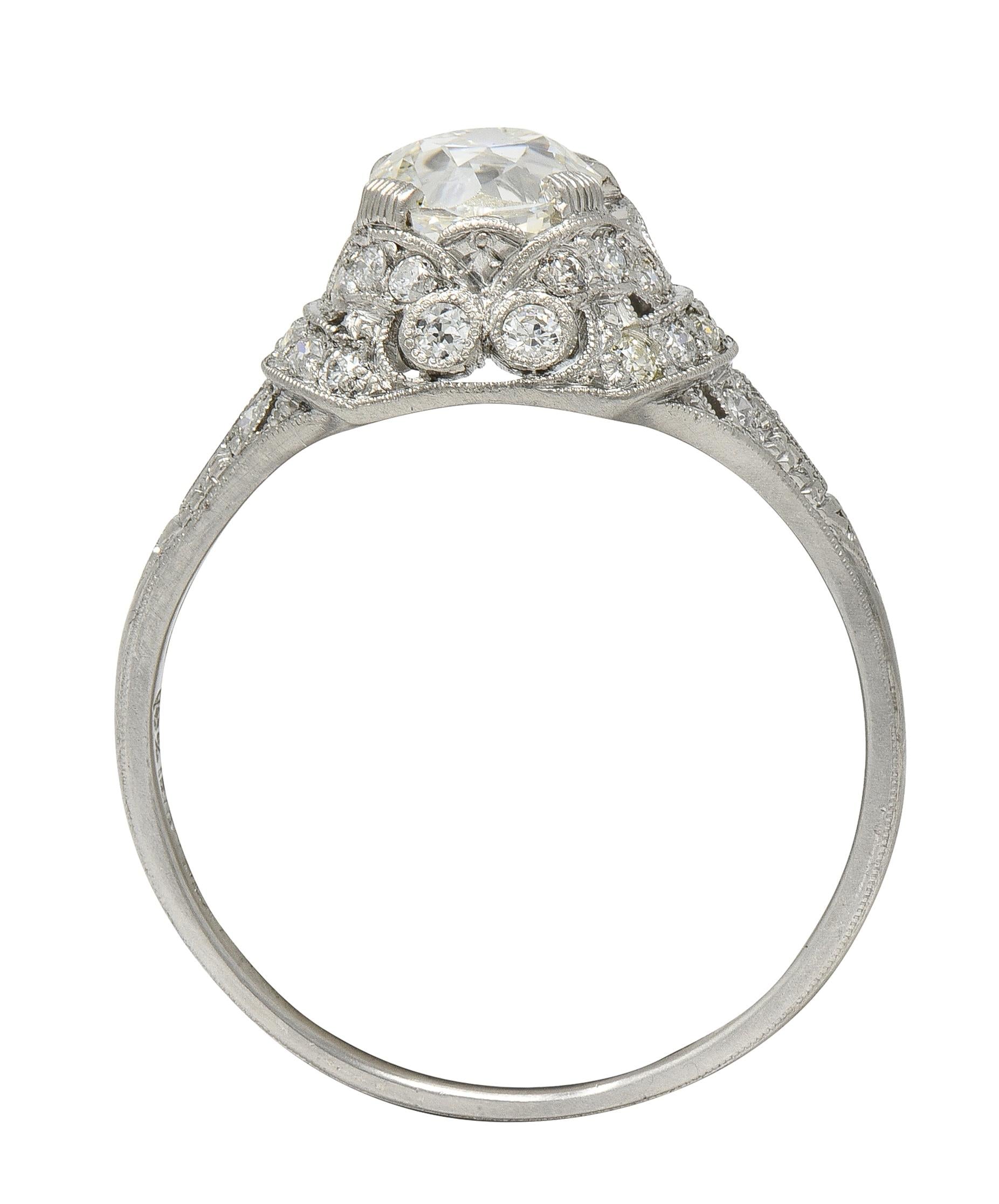 Art Deco 1.71 CTW Old Mine Cut Diamond Platinum Ribbon Vintage Engagement Ring