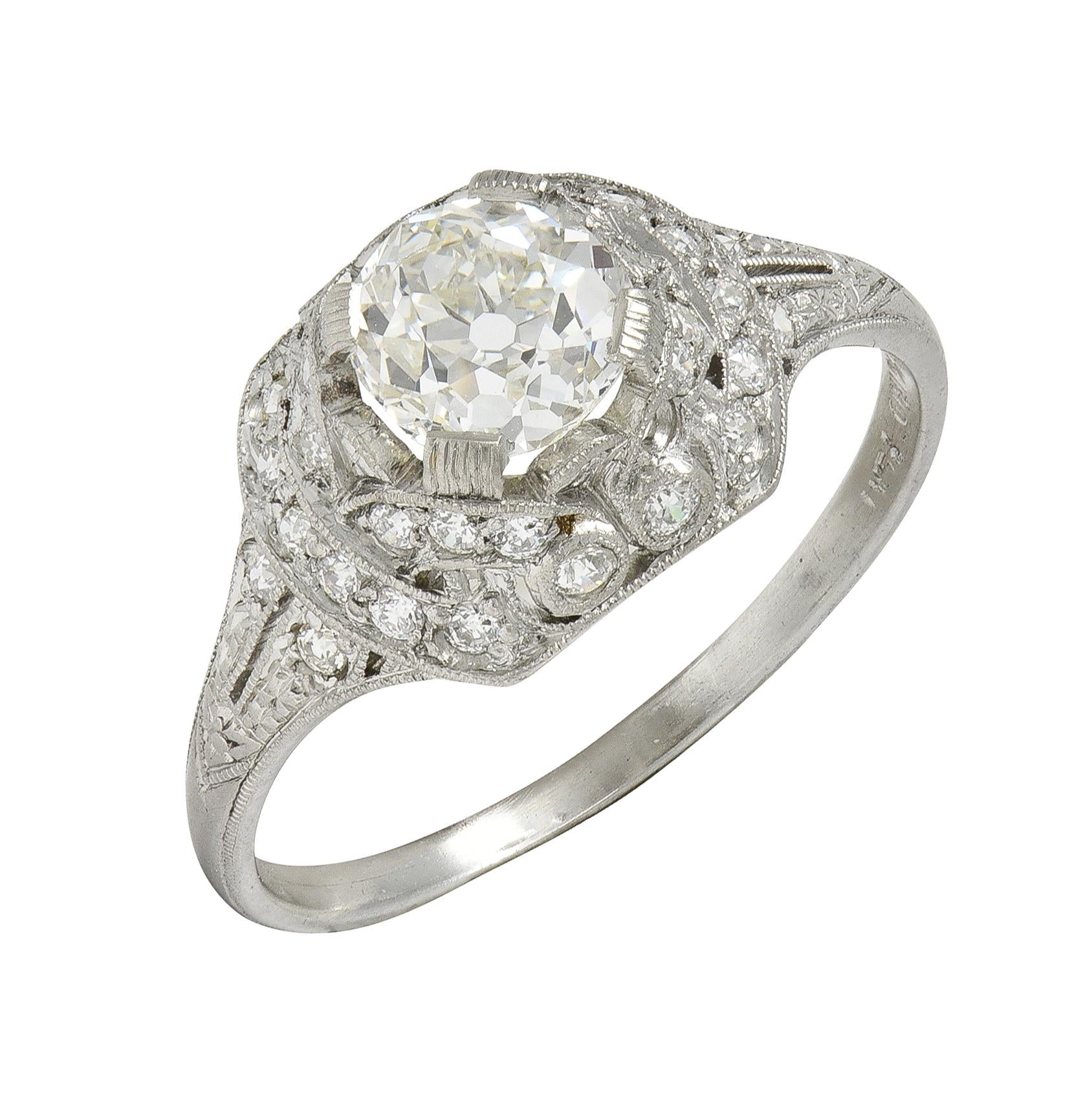 Art Deco 1.71 CTW Old Mine Cut Diamond Platinum Ribbon Vintage Engagement Ring