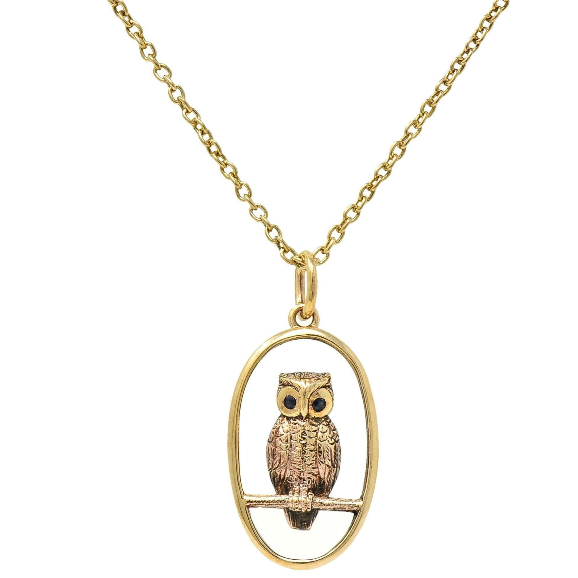 Late Victorian Sapphire 9 Karat Yellow Gold Antique Owl Pendant Necklace