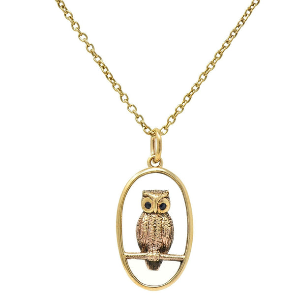 Late Victorian Sapphire 9 Karat Yellow Gold Antique Owl Pendant Necklace