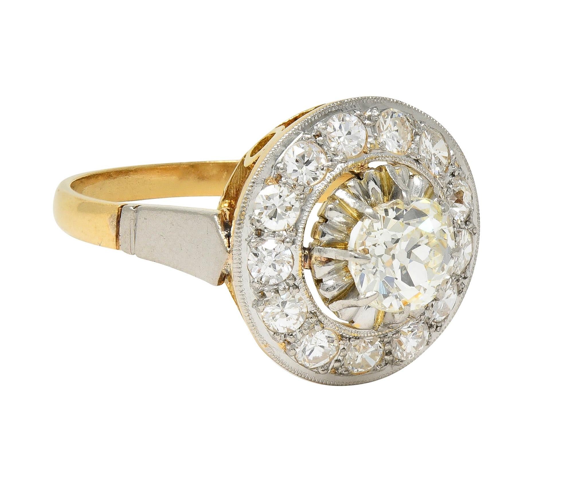 Art Deco 2.00 CTW Mine Cut Diamond Platinum 18 Karat Gold Vintage Halo Ring