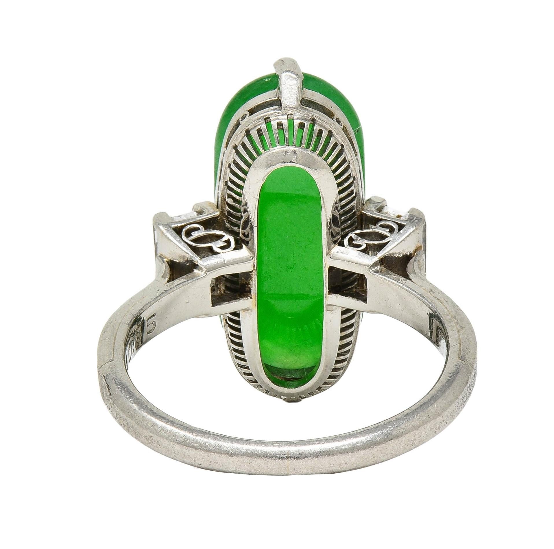 Mid-Century Natural Fei Cui Jadeite Jade Diamond Platinum Vintage Ring GIA