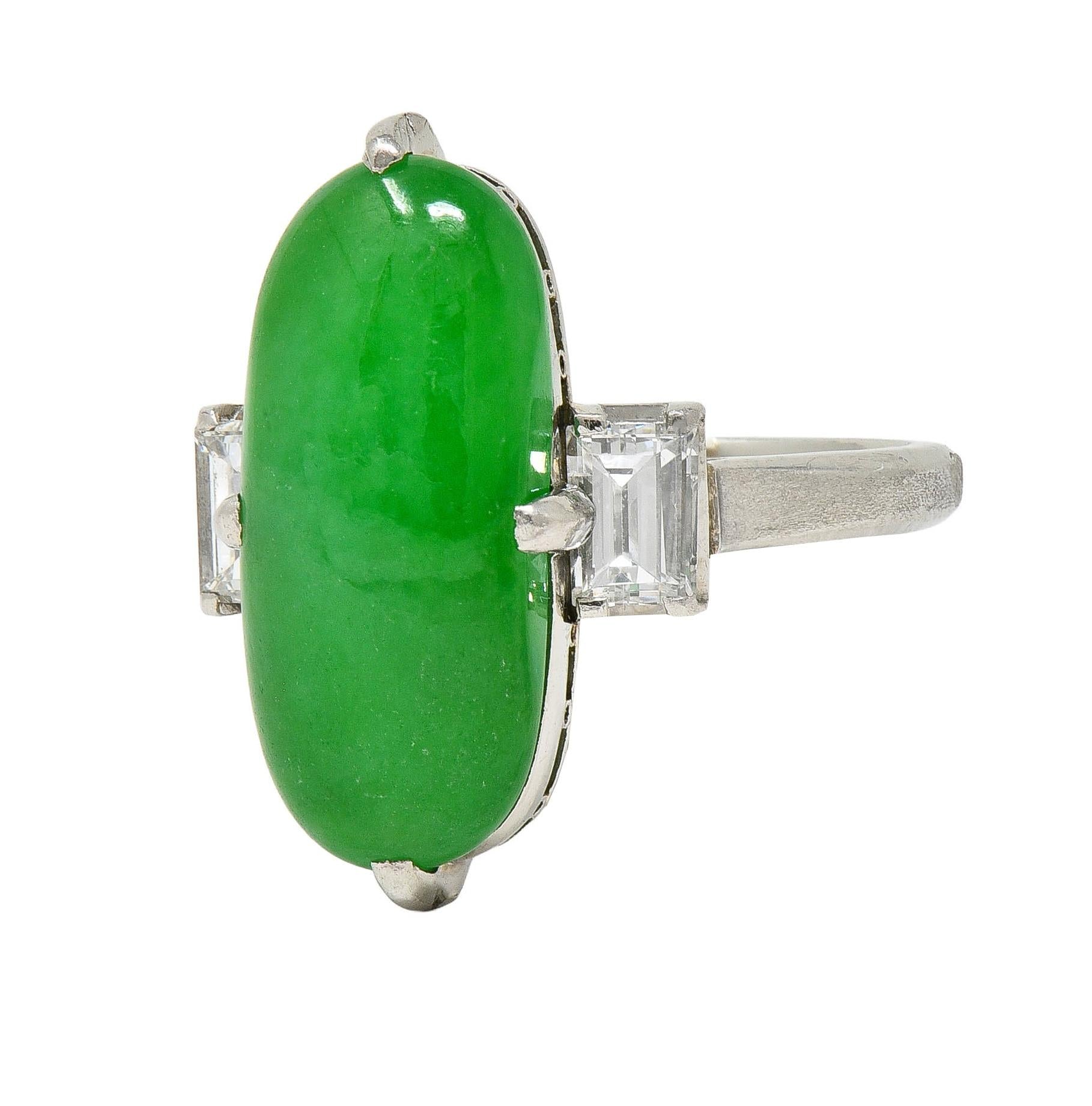 Mid-Century Natural Fei Cui Jadeite Jade Diamond Platinum Vintage Ring GIA