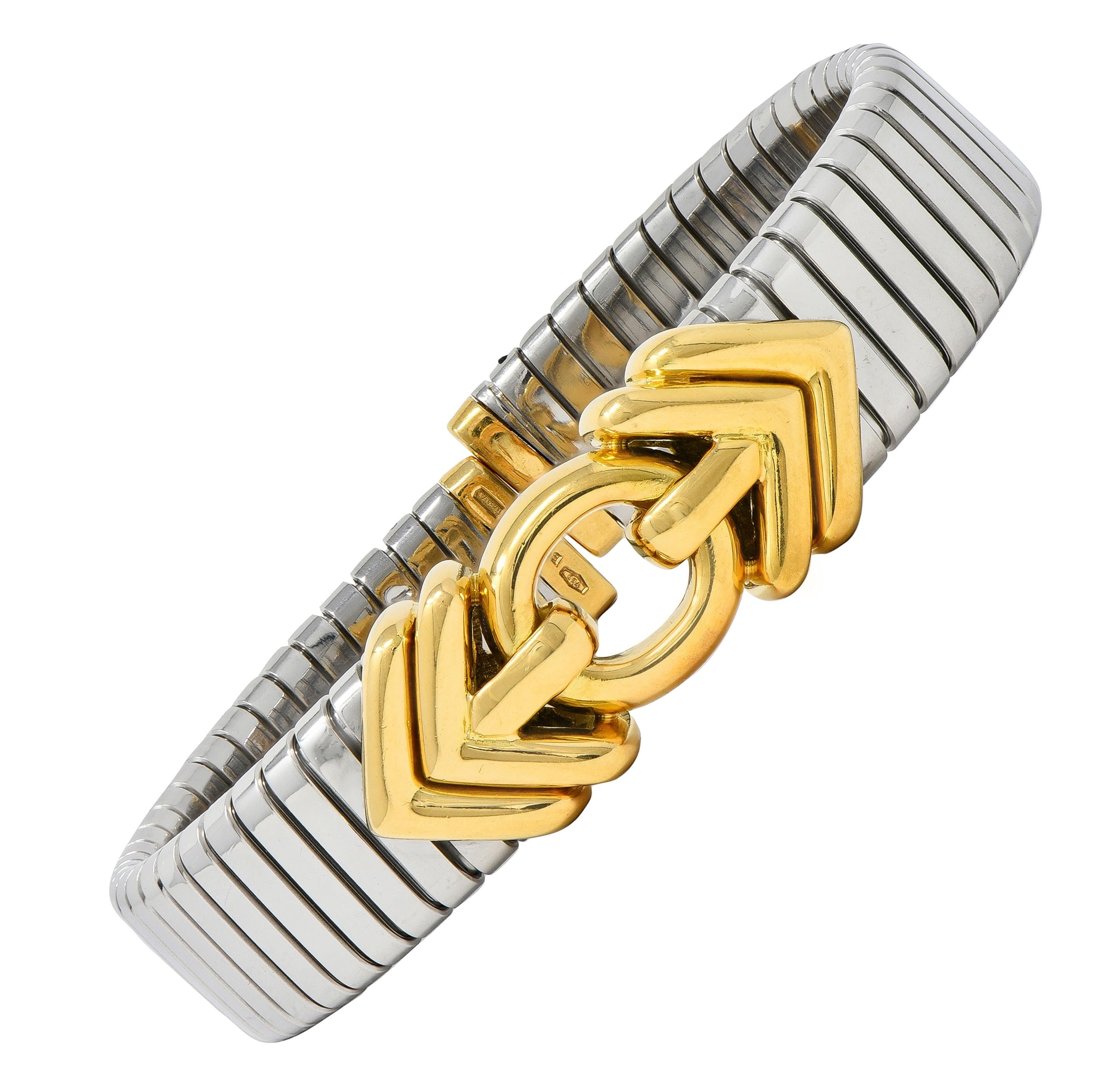 Bulgari 1990's 18K Gold Stainless Steel Tubogas Vintage Alveare Cuff Bracelet