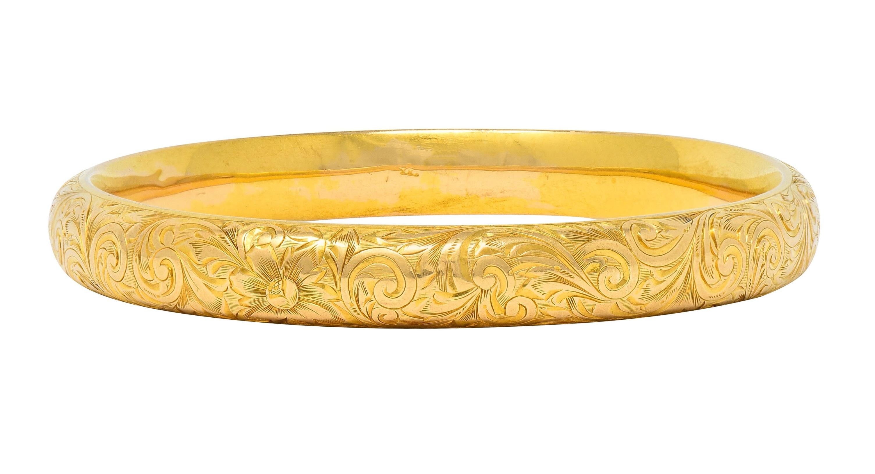 Riker Brothers Victorian 14 Karat Yellow Gold Scroll Antique Bangle Bracelet