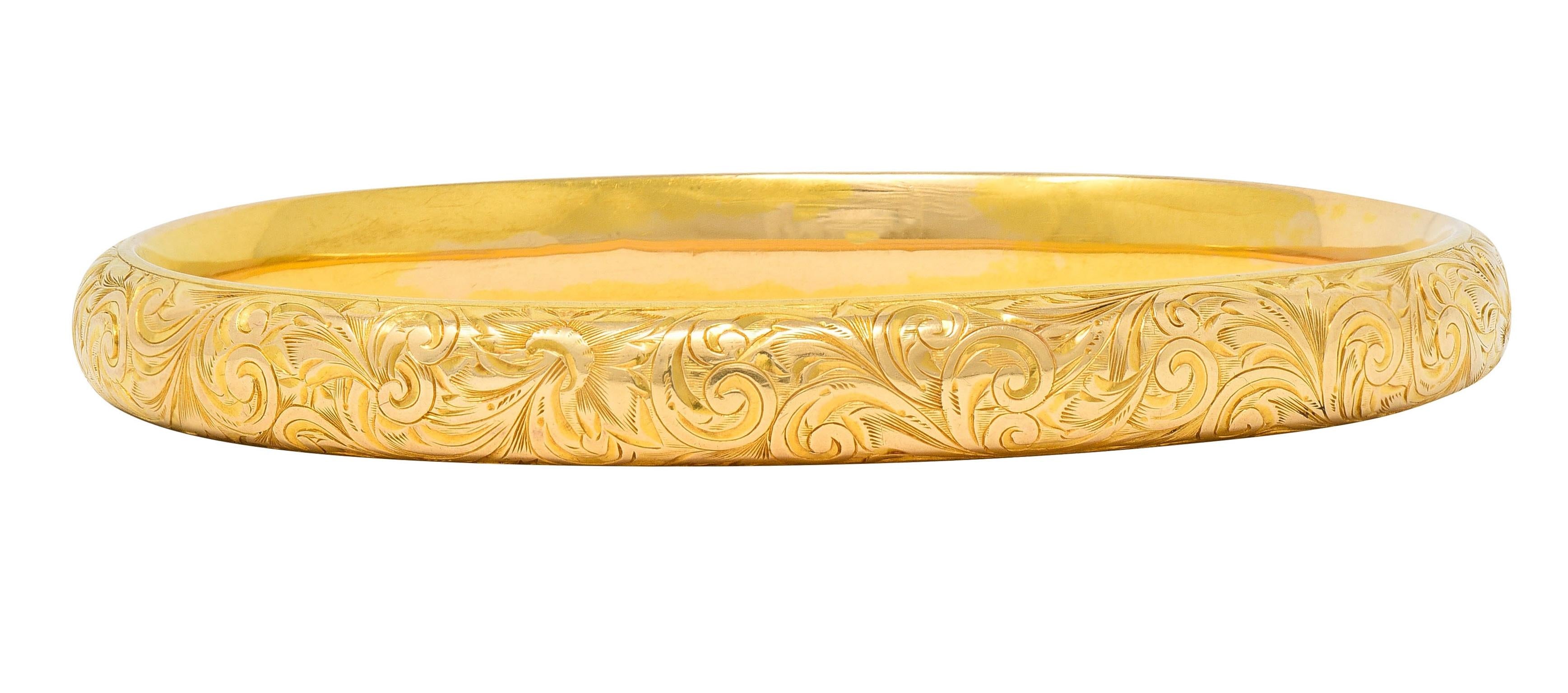 Riker Brothers Victorian 14 Karat Yellow Gold Scroll Antique Bangle Bracelet