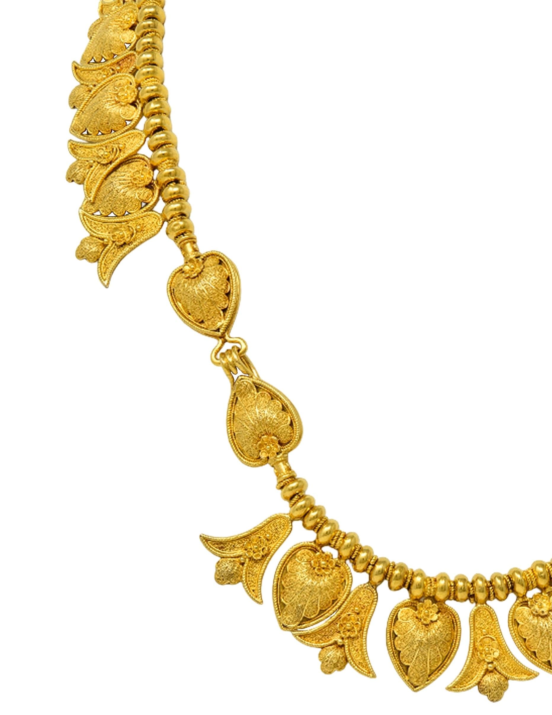 Victorian Etruscan Revival 18K Gold Antique Palm & Lotus Fringe Necklace