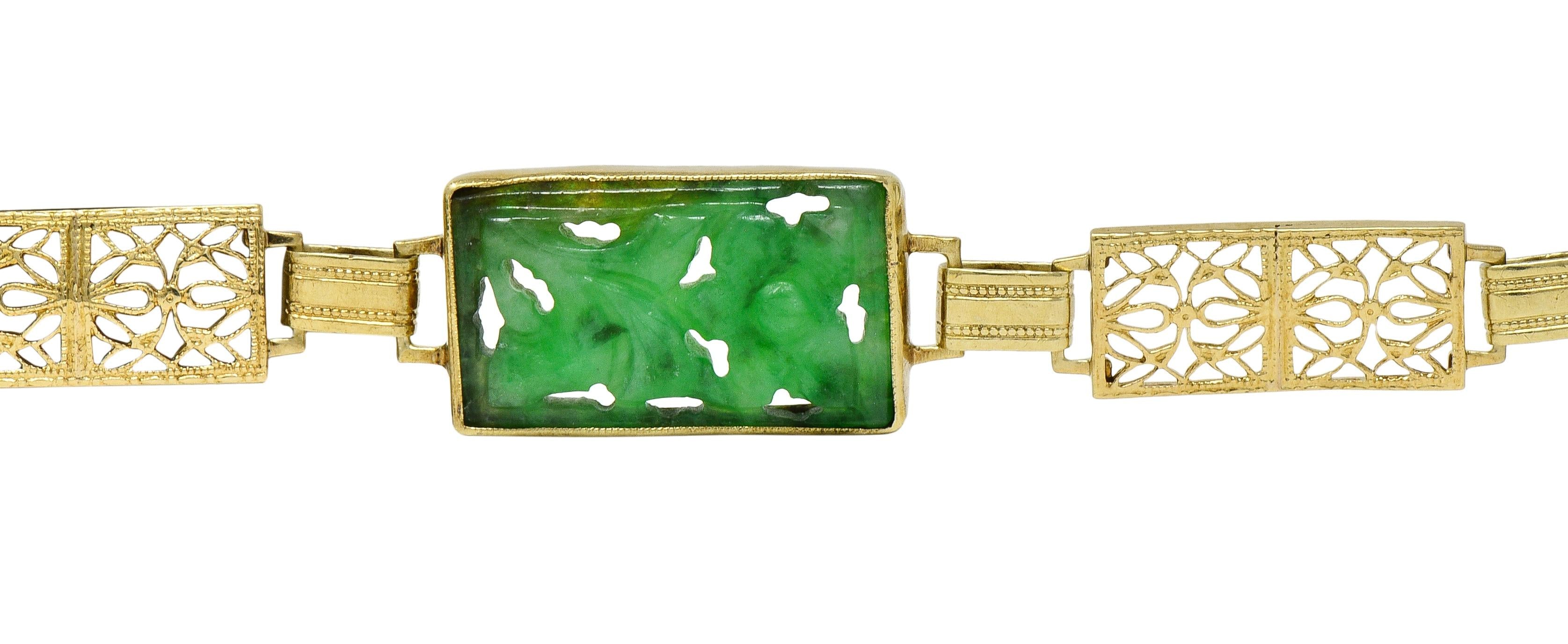 Fritzsche & Co. Art Deco Carved Jade 14 Karat Gold Antique Floral Link Bracelet